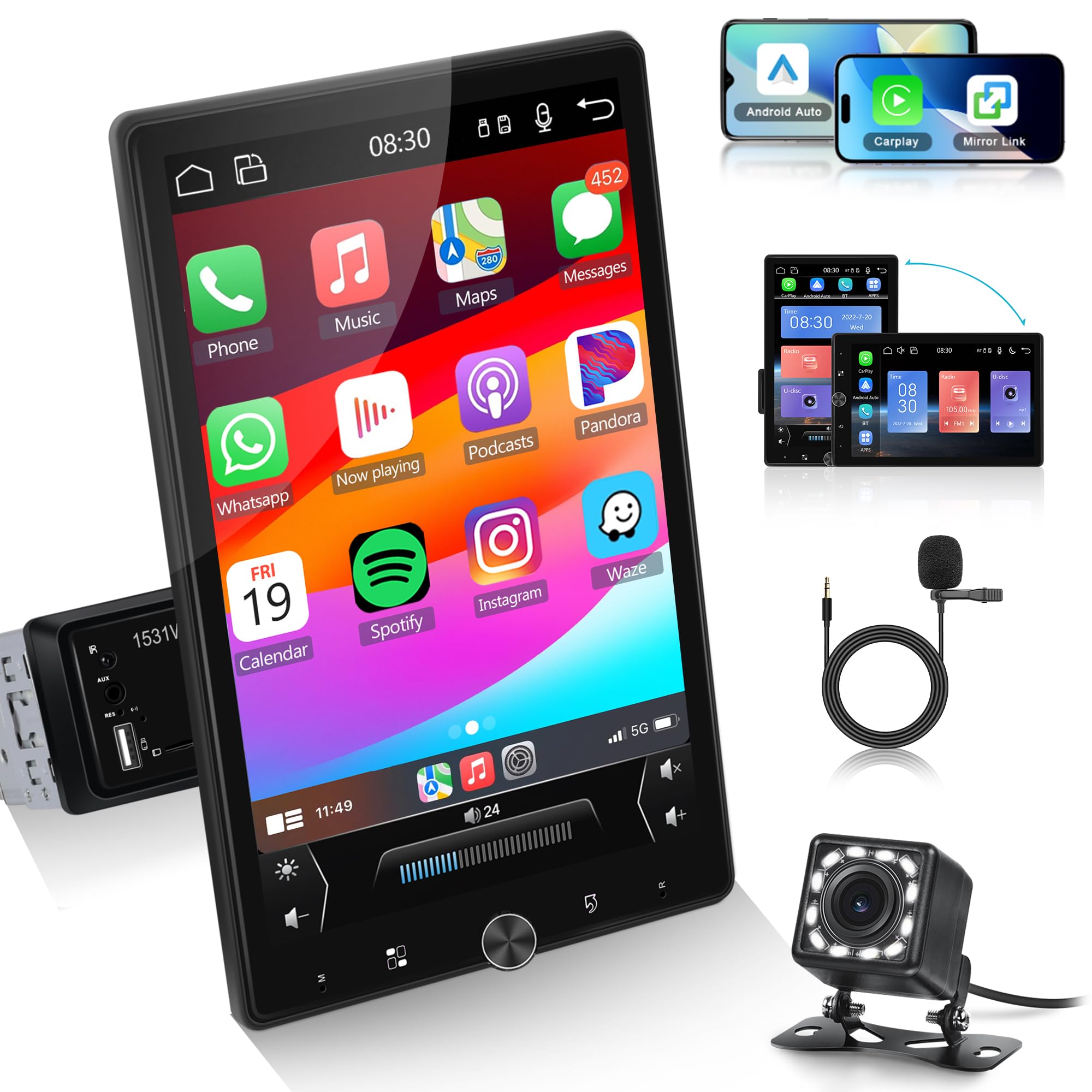 Rimoody Autoradio 1 Din 10.4" Rotante Touchscreen