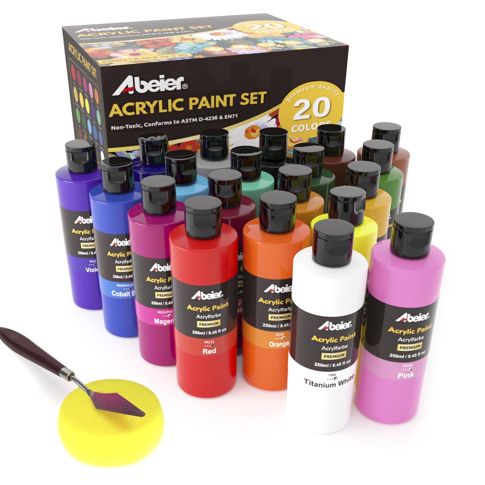Abeier Set Colori Acrilici 20 Colori 250ml, Finitura Opaca