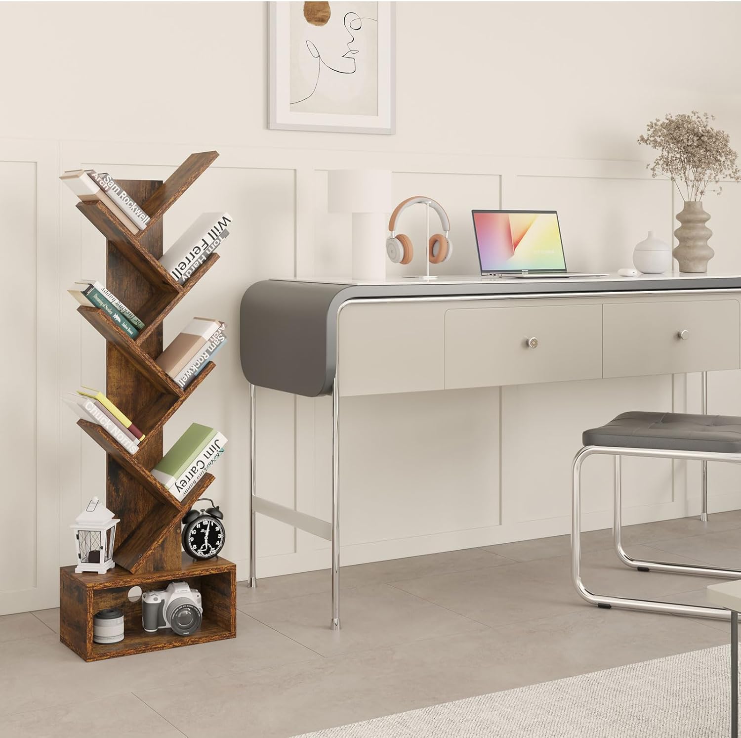 Ymyny Libreria ad Albero 6 Ripiani con Cassetti, Marrone - immagine 2