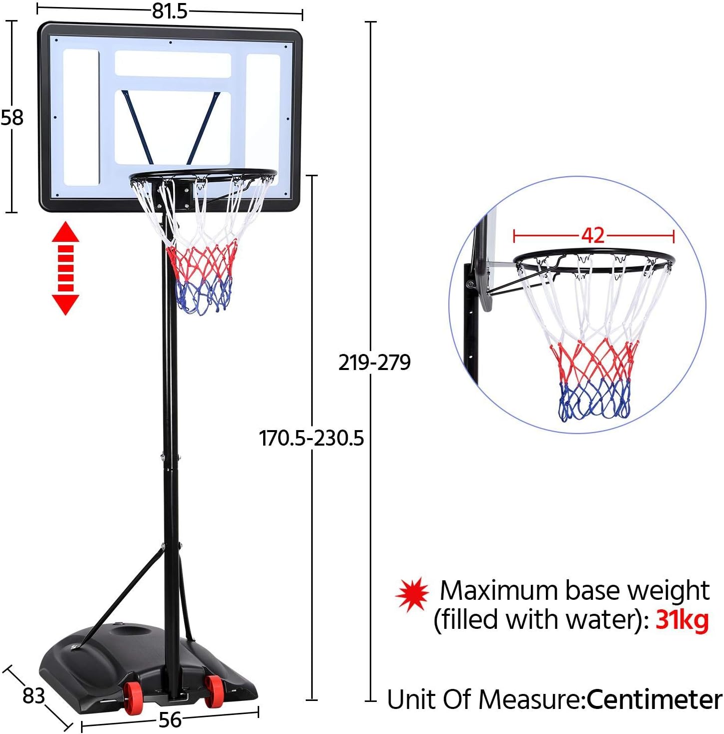 Yaheetech Canestro Basket Altezza Regolabile 219-279cm - immagine 2