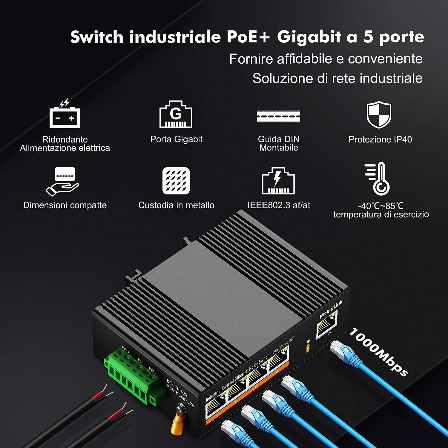 Mokerlink Switch Ethernet Industriale Gigabit PoE 5 Porte - immagine 2