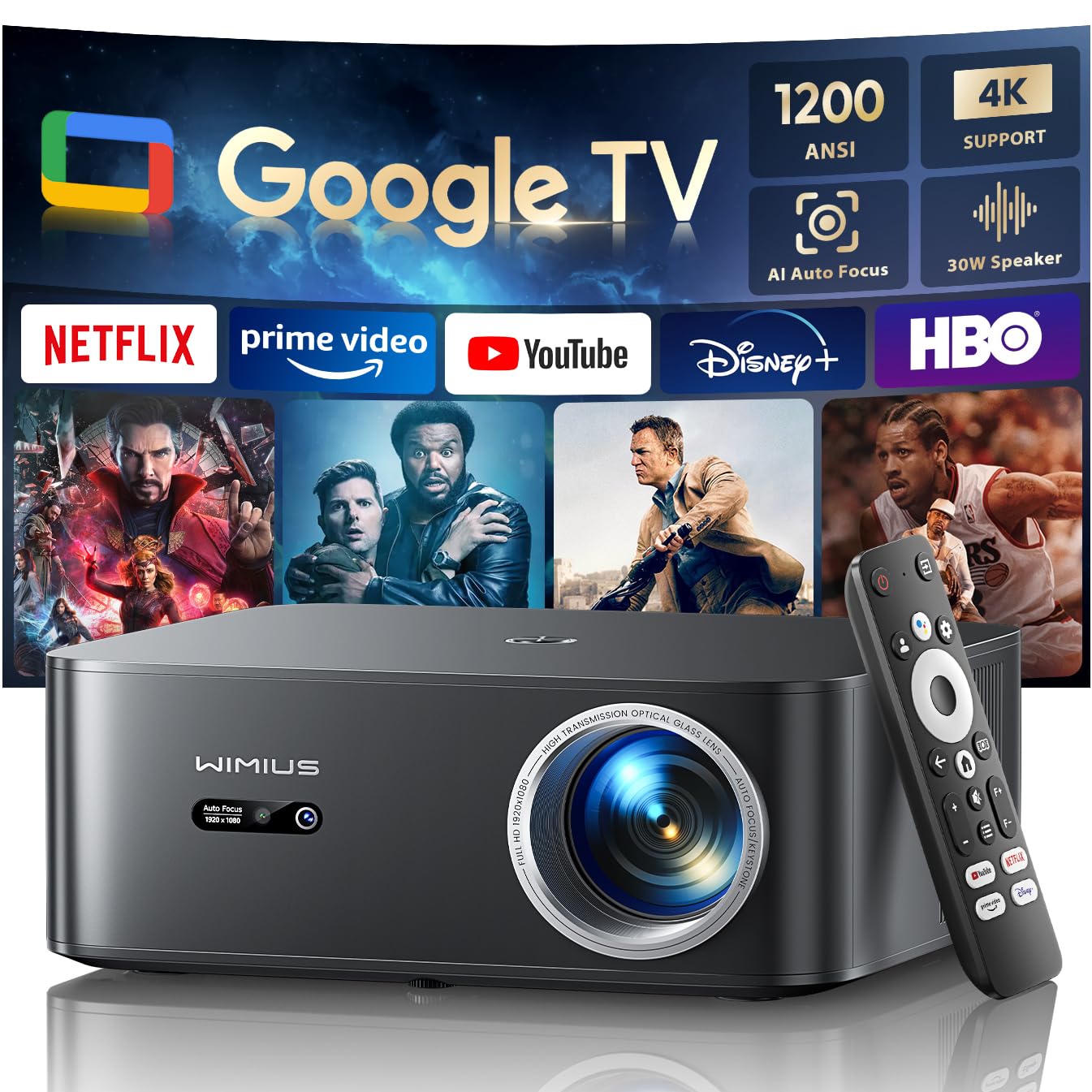 Proiettore【1200 ANSI/Google TV】Netflix Incluso Proiettore 4K Support, Autofocus/Keystone Nativo 1080P Smart Videoproiettore Full HD WiFi Bluetooth con Controllo Vocale Remoto per Home Cinema