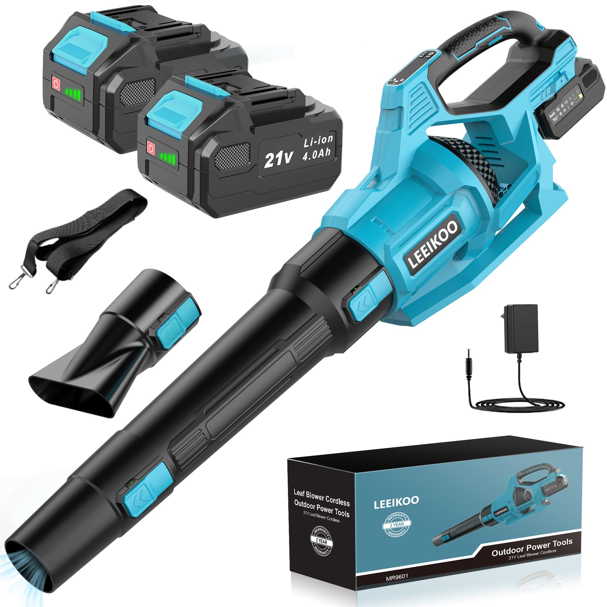 21V Soffiatore a Batteria, Soffiatore Foglie con 2 Batteria 4,0Ah, 3 Impostazioni di Velocità, 2 Tubi di Soffiaggio Staccabili, Cintura per Fango la Pulizia del Giardino
