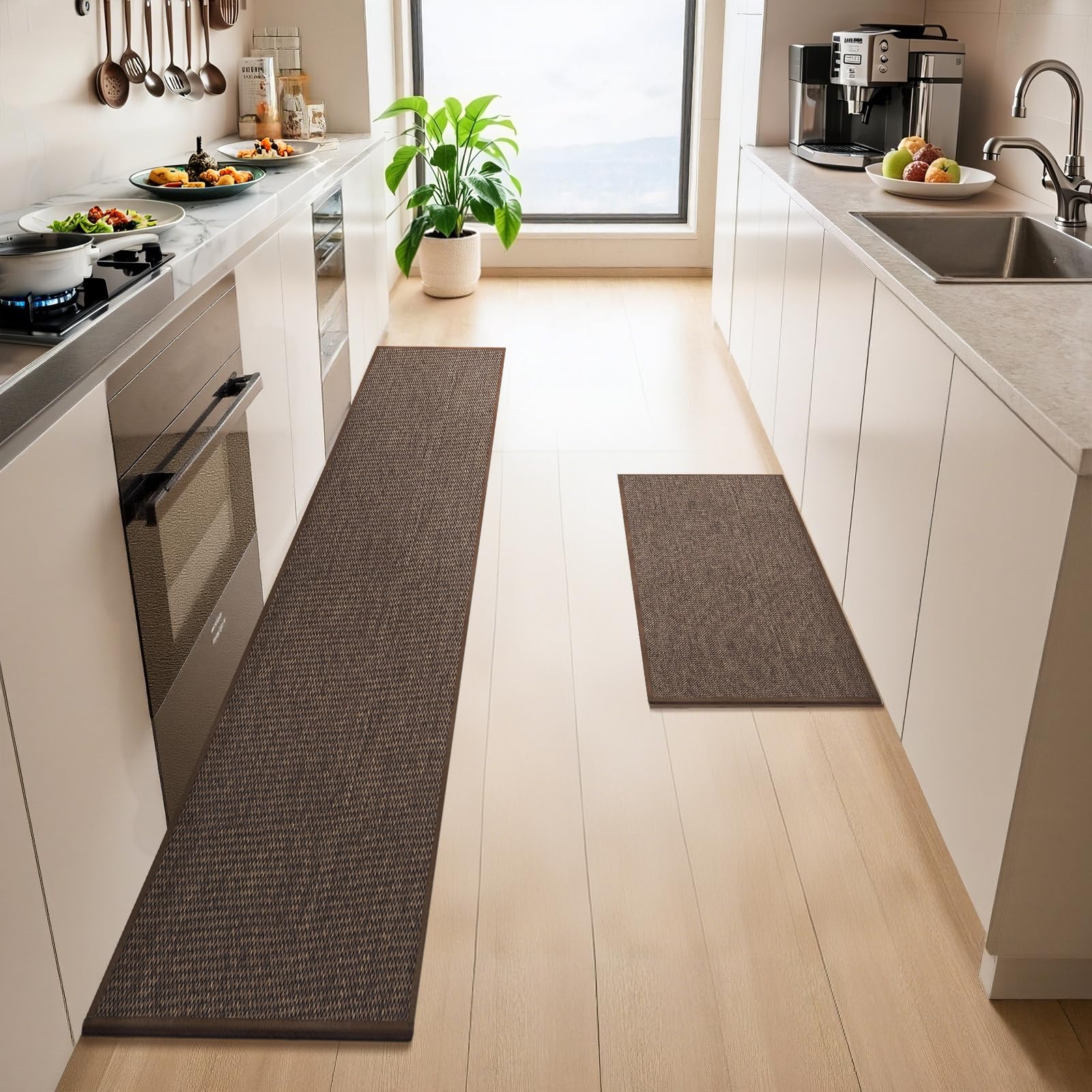Lekeepgo Tappeto Cucina Antiscivolo Lavabile 2 Pezzi Marrone
