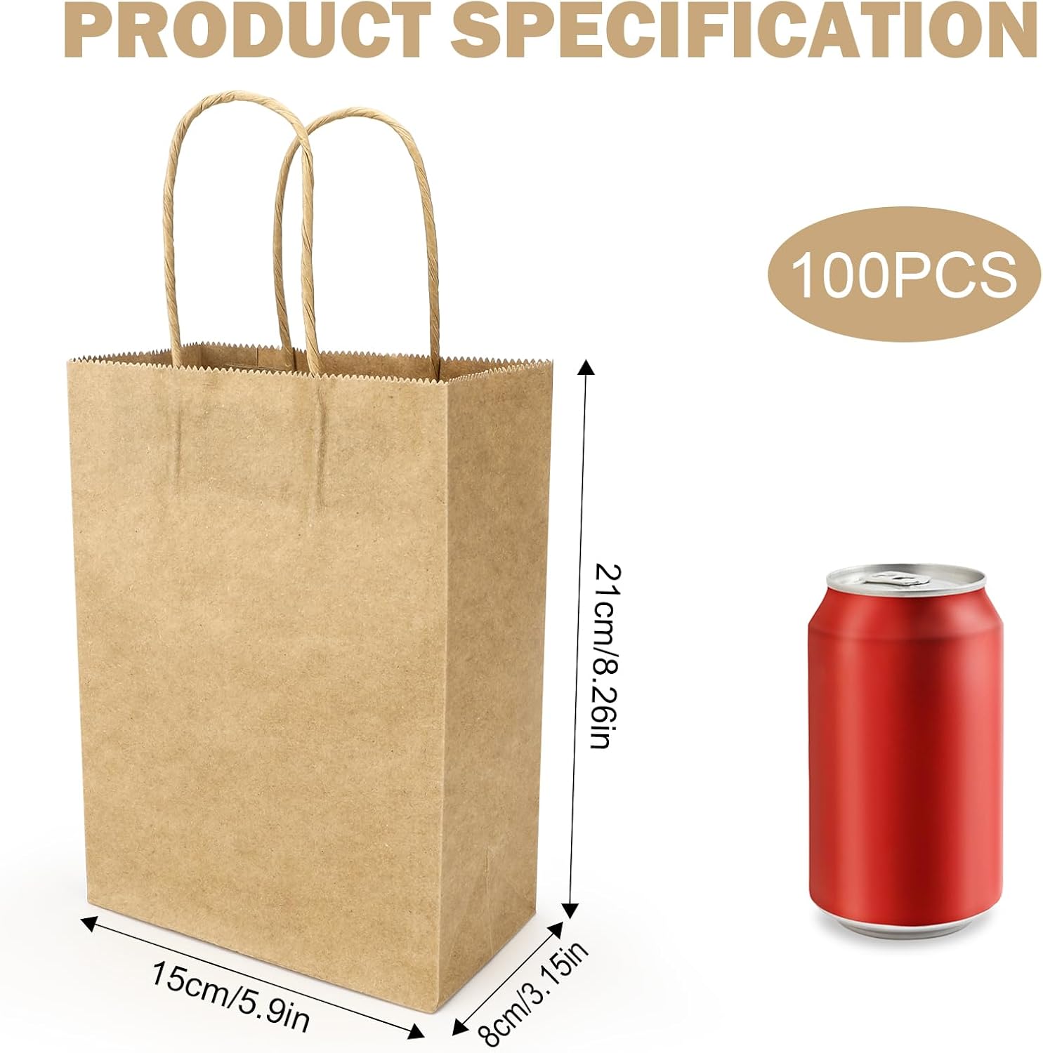 Sacchetti Carta Kraft con Manici 100 Pezzi, Marrone - immagine 2