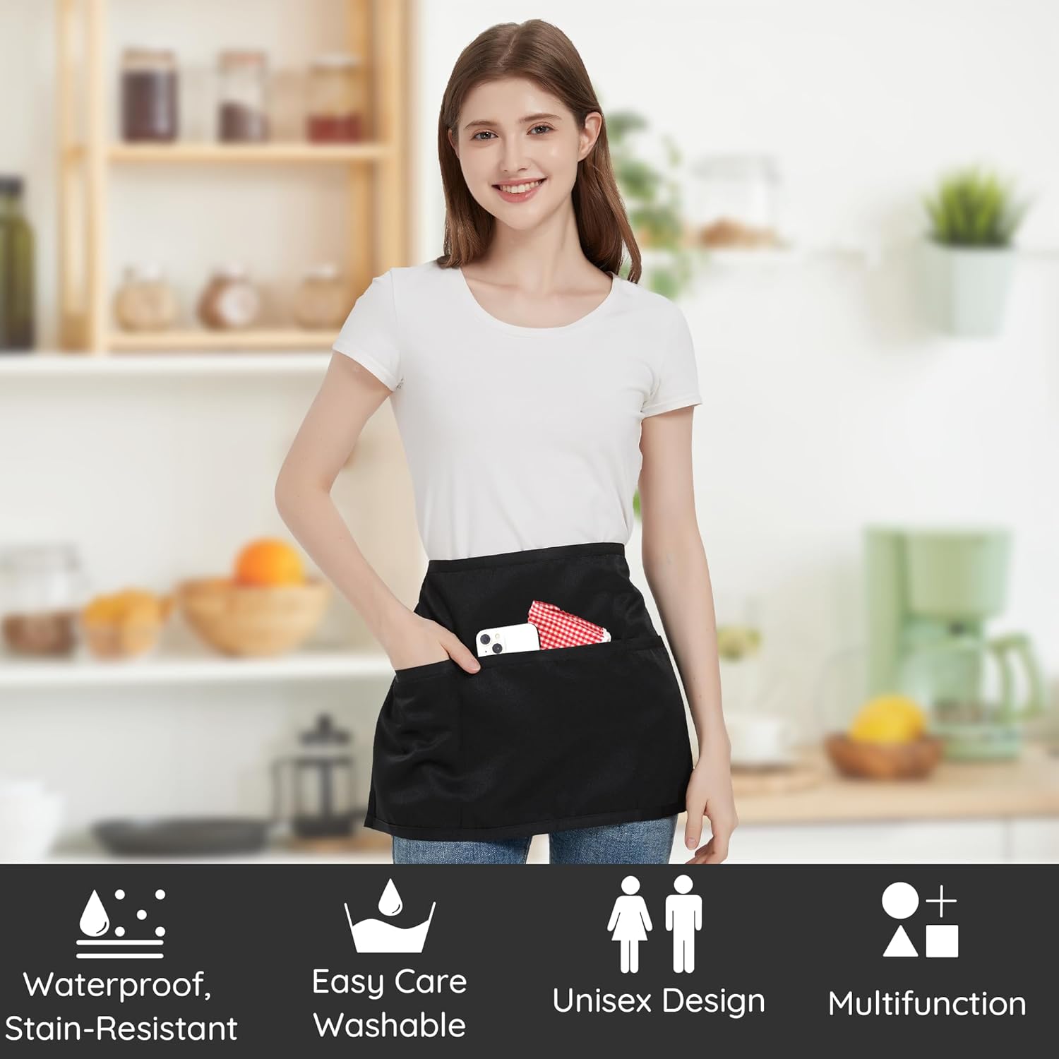 Grembiule Corto da Cucina Impermeabile 3 Pezzi, Nero - immagine 2