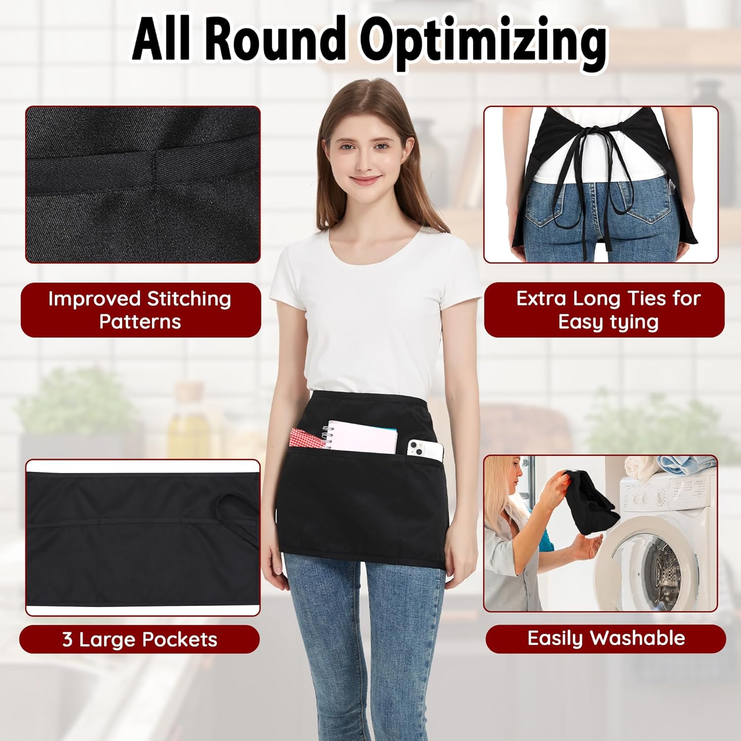 Grembiule Corto da Cucina Impermeabile 3 Pezzi, Nero - immagine 6