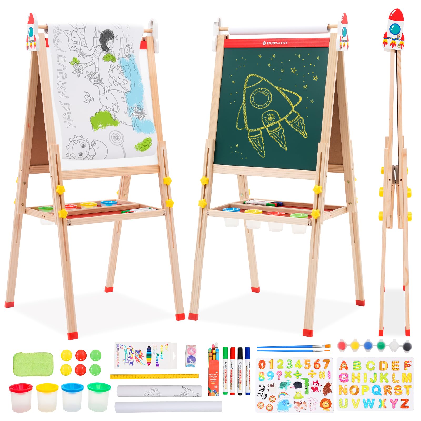 Lavagna per Bambini 2 in 1 - Cavalletto in Legno Regolabile