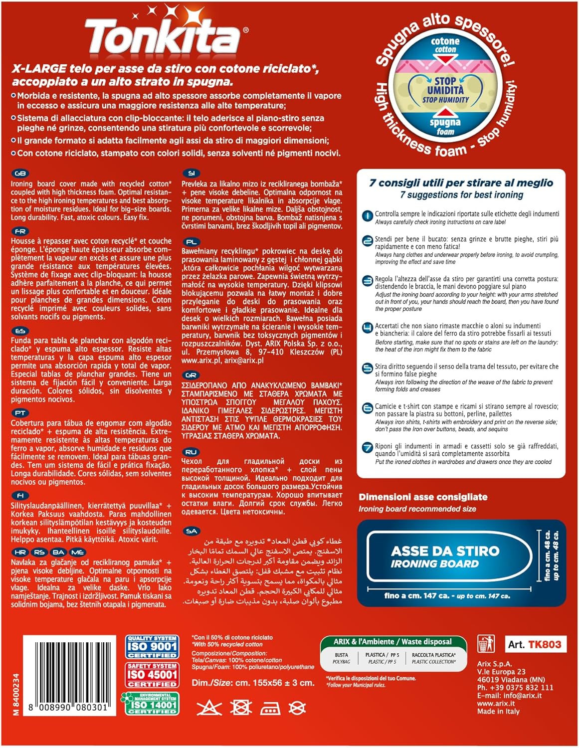 Tonkita X-Large Telo per Asse da Stiro 155x56 cm, 5 Pezzi - immagine 2