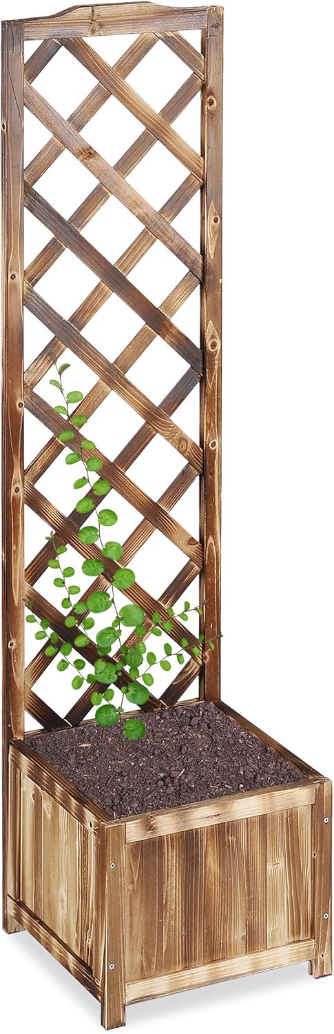 relaxdays Piante con Graticolato, Giardino Vaso 25 Litri e Griglia 147 cm Effetto Legno Bruciato