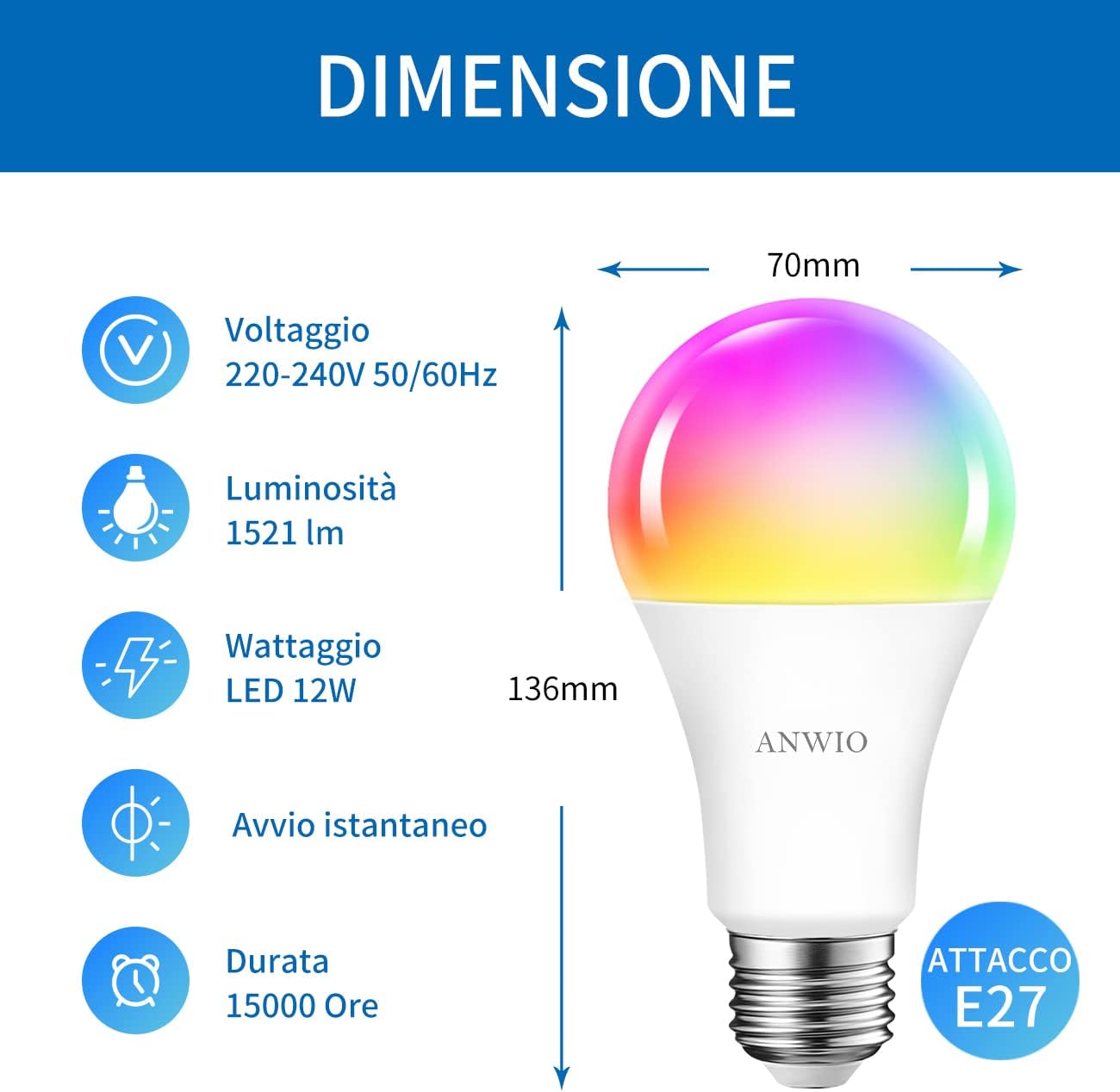 Anwio Lampadina LED Smart Wifi E27 12W (4 Pezzi) - immagine 2