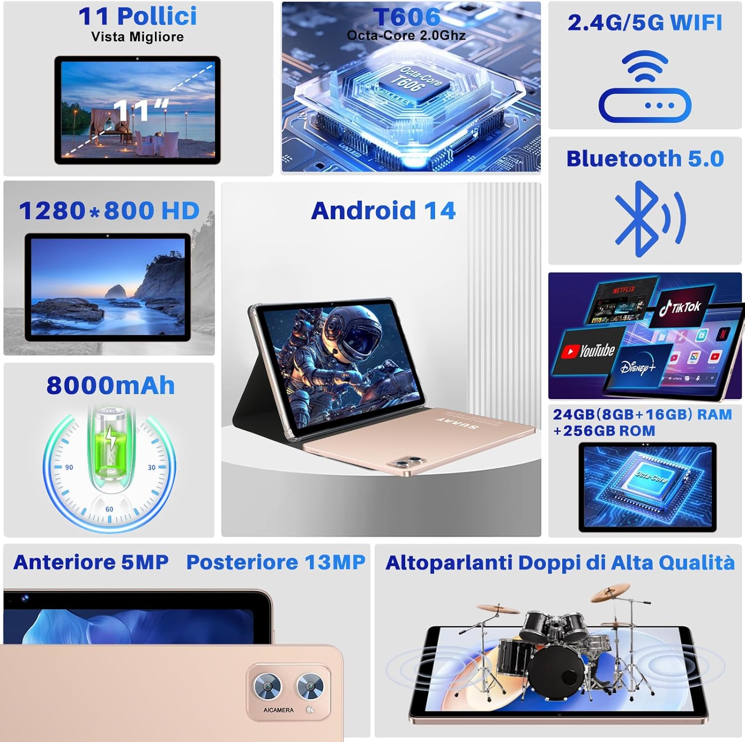 Tablet Android 14 11 Pollici Octa-Core, Oro - immagine 2