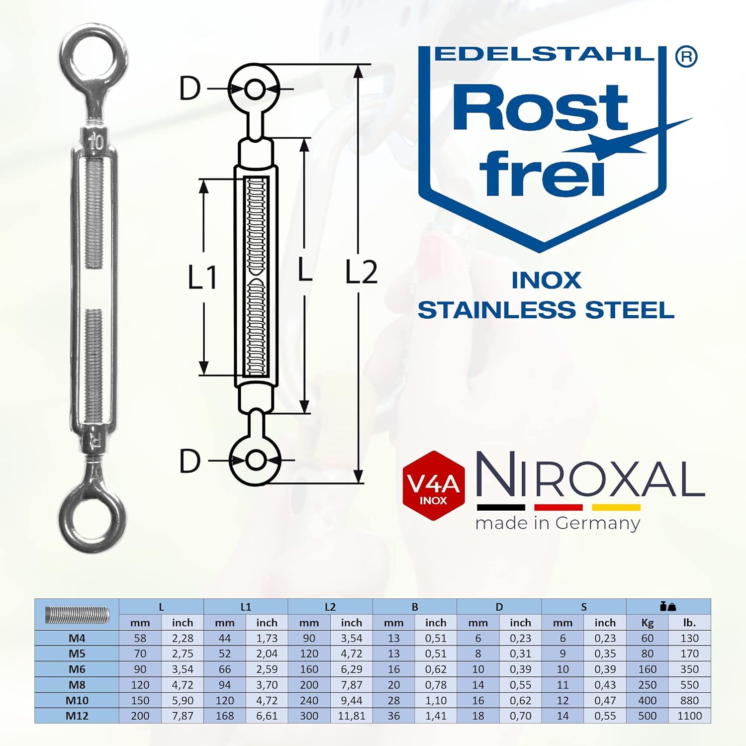 Tenditori in Acciaio Inox V4A con Due Occhielli M12 - immagine 2