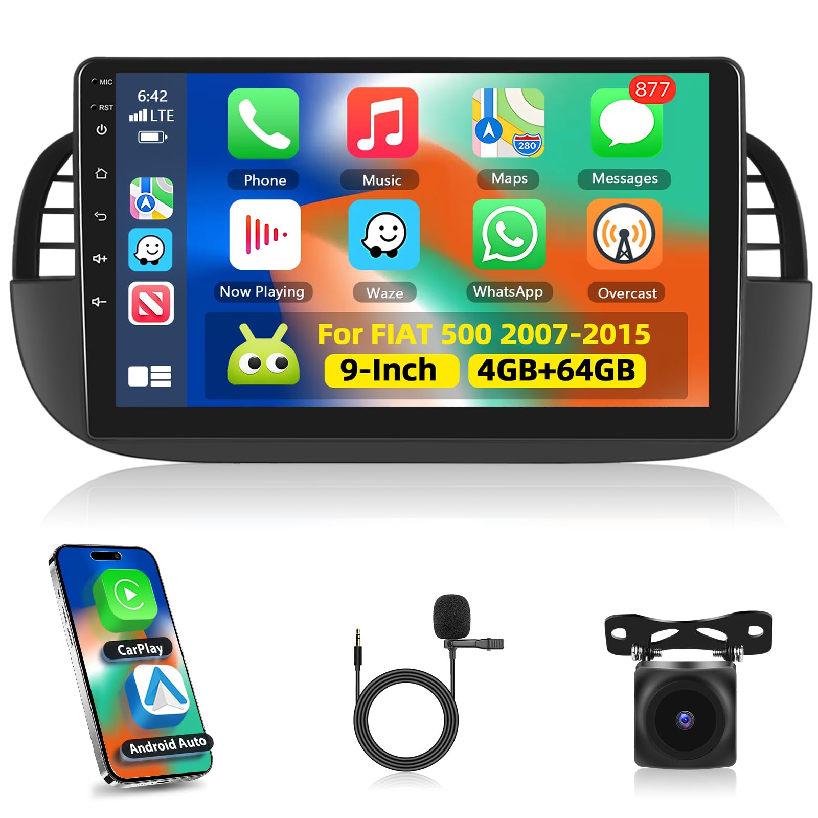 Motorsi Autoradio 4+64G per Fiat 500 (2007-2015) Wireless Android Auto