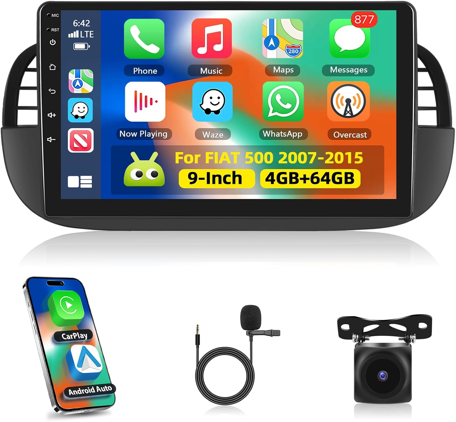 Motorsi Autoradio 4+64G per Fiat 500 (2007-2015) Wireless Android Auto - immagine 1