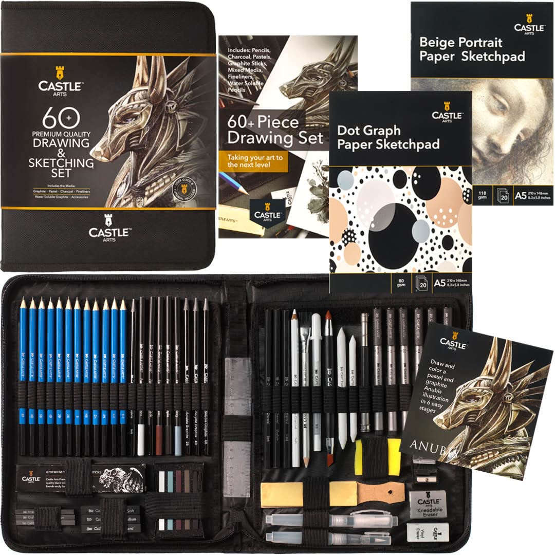 Castle Art Supplies Set da 60 pezzi per disegno e schizzo