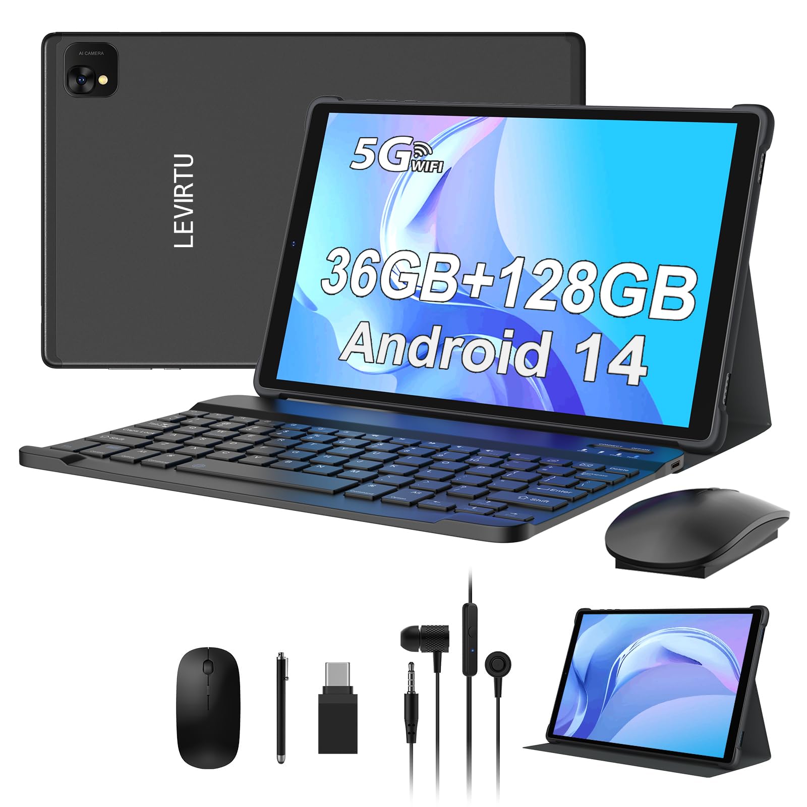 Levirtu Tablet 10 Pollici Android 14, Nero