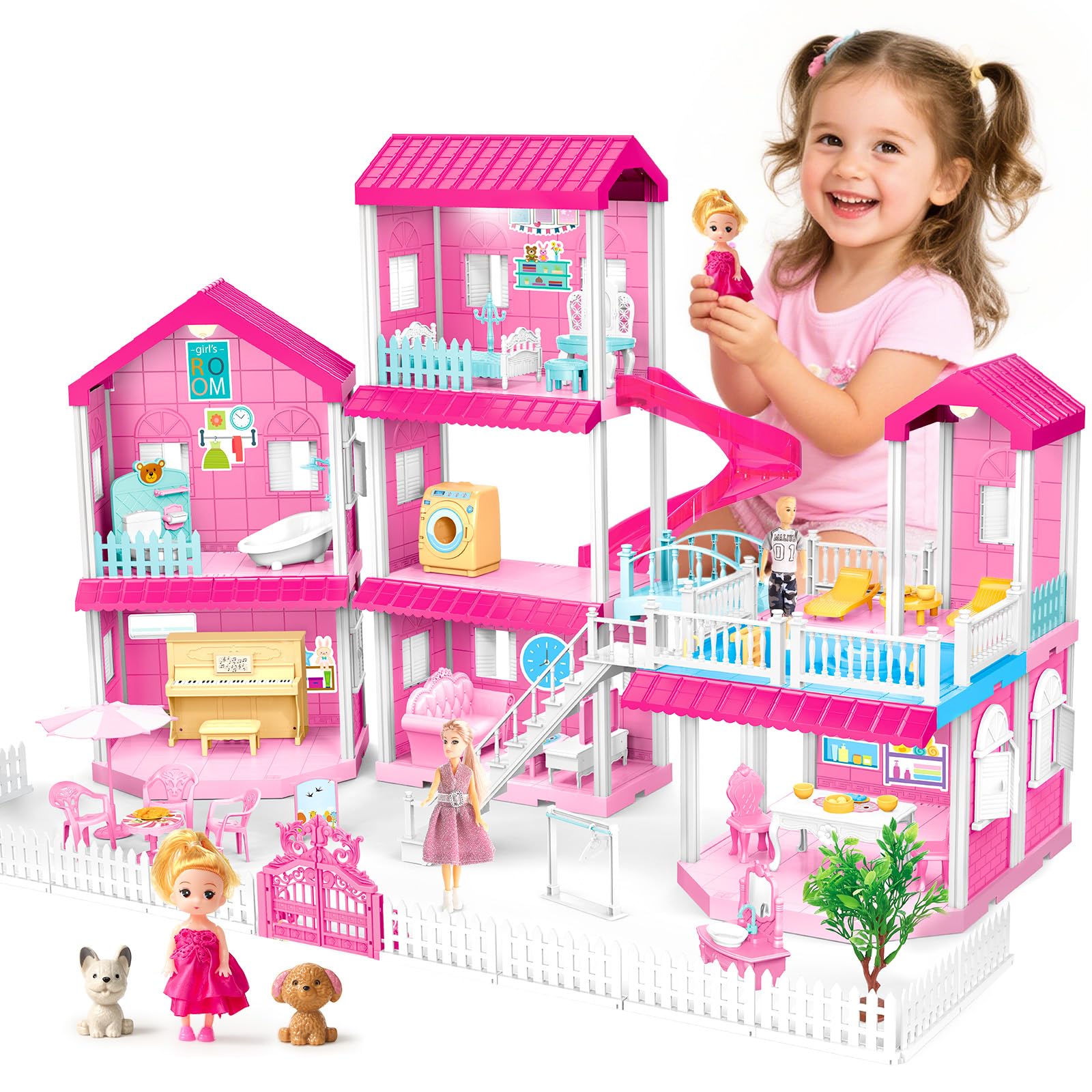 Casa delle Bambole a 3 Piani da Costruire Rosa