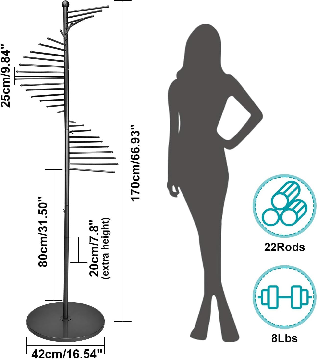 Fermacravatte Scorrevoli 18 Ganci Estraibili, Nero - immagine 3