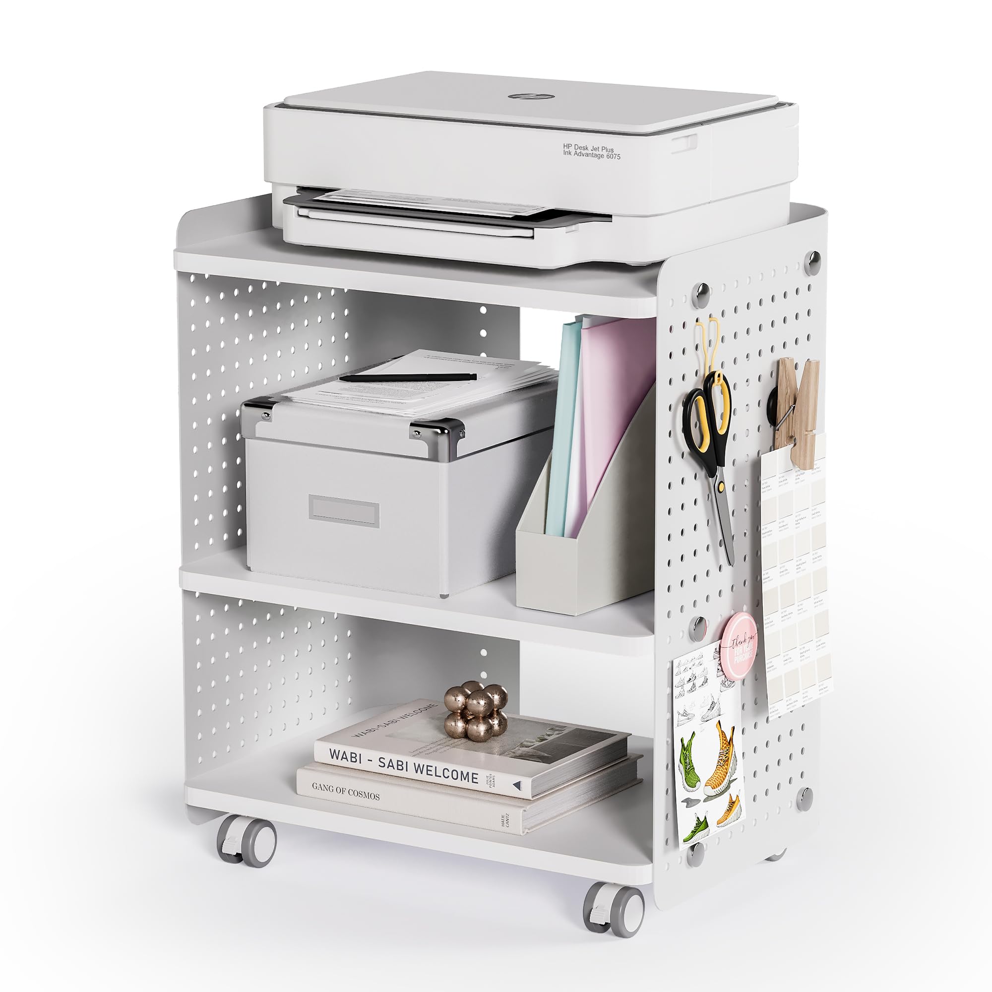 Fenge Supporto per Stampante a 3 Piani con Pannello Forato, Organizzatore da Ufficio con Ripiano Regolabile e Ruote, Carrello per Stampanti per Casa e Ufficio, 45,3x33,5x53,5cm, Bianco