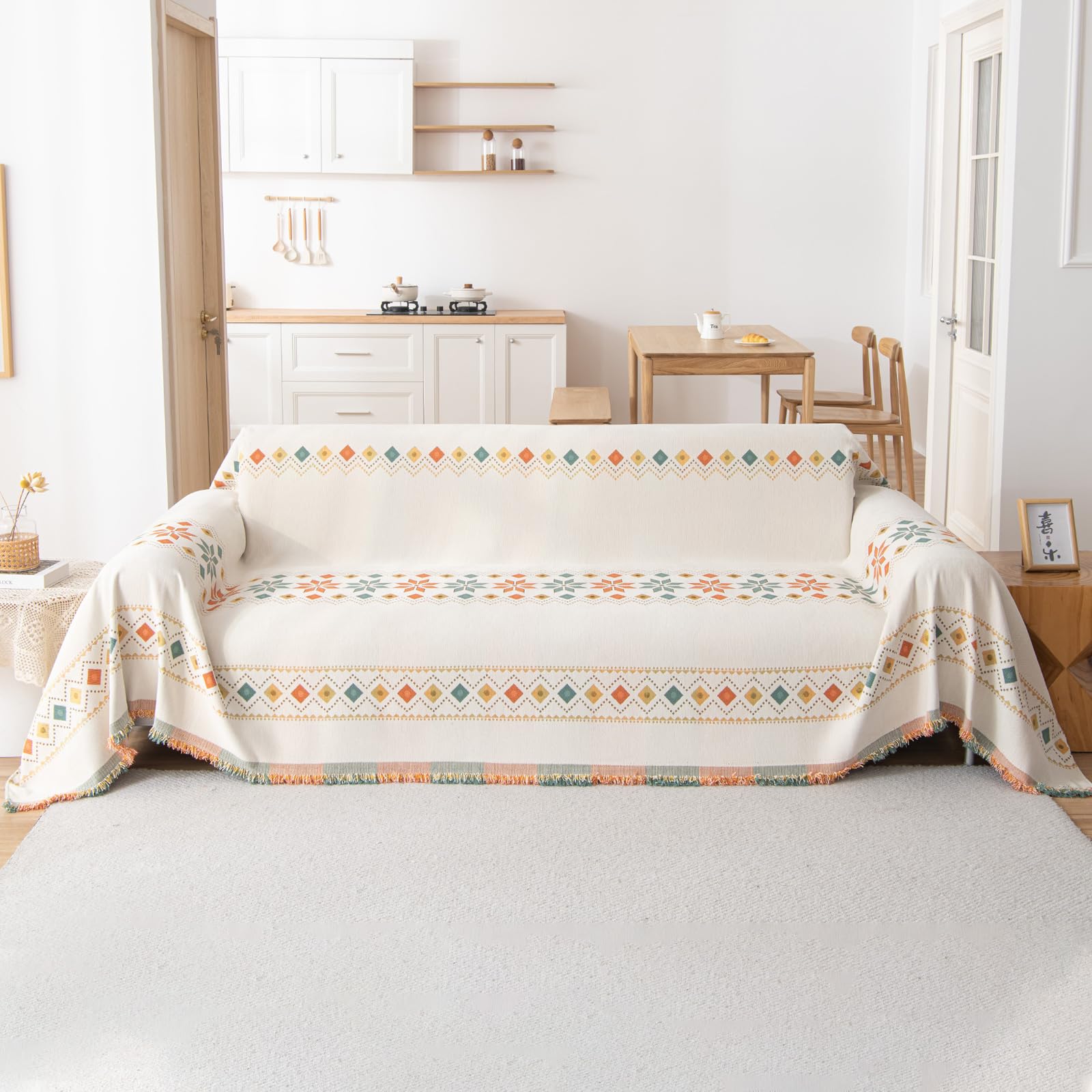 Copridivano Bohemian in Ciniglia con Frangia 180x260cm, Beige