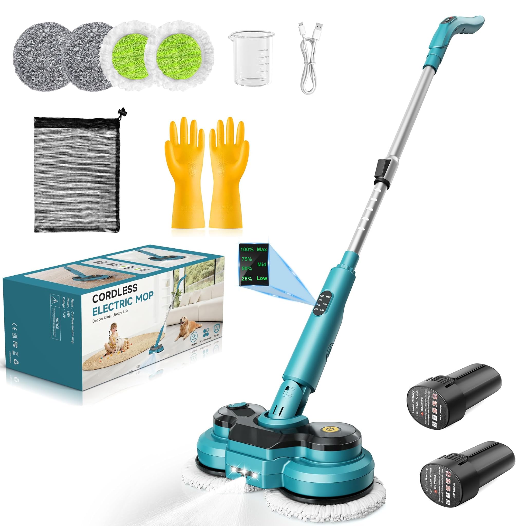 Mocio Elettrico Senza Fili con 2 Batterie 2000mAh