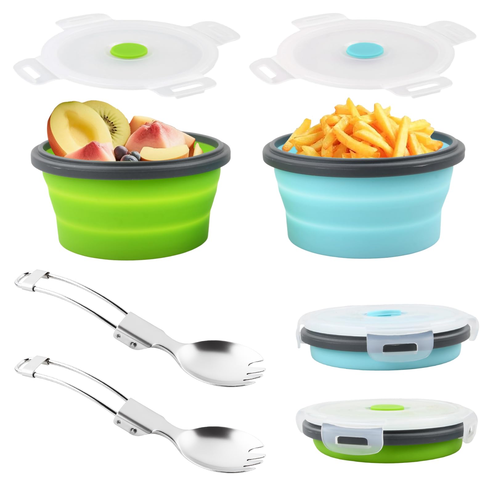 Ciotola pieghevole Campeggio, 2 Pezzi Ciotola In Silicone Portatile con 2 Pezzi Forchetta e Cucchiaio Pieghevoli 2 in 1, ciotola da Campeggio Portatile con Coperchio per Campeggio, Picnic, 350ML
