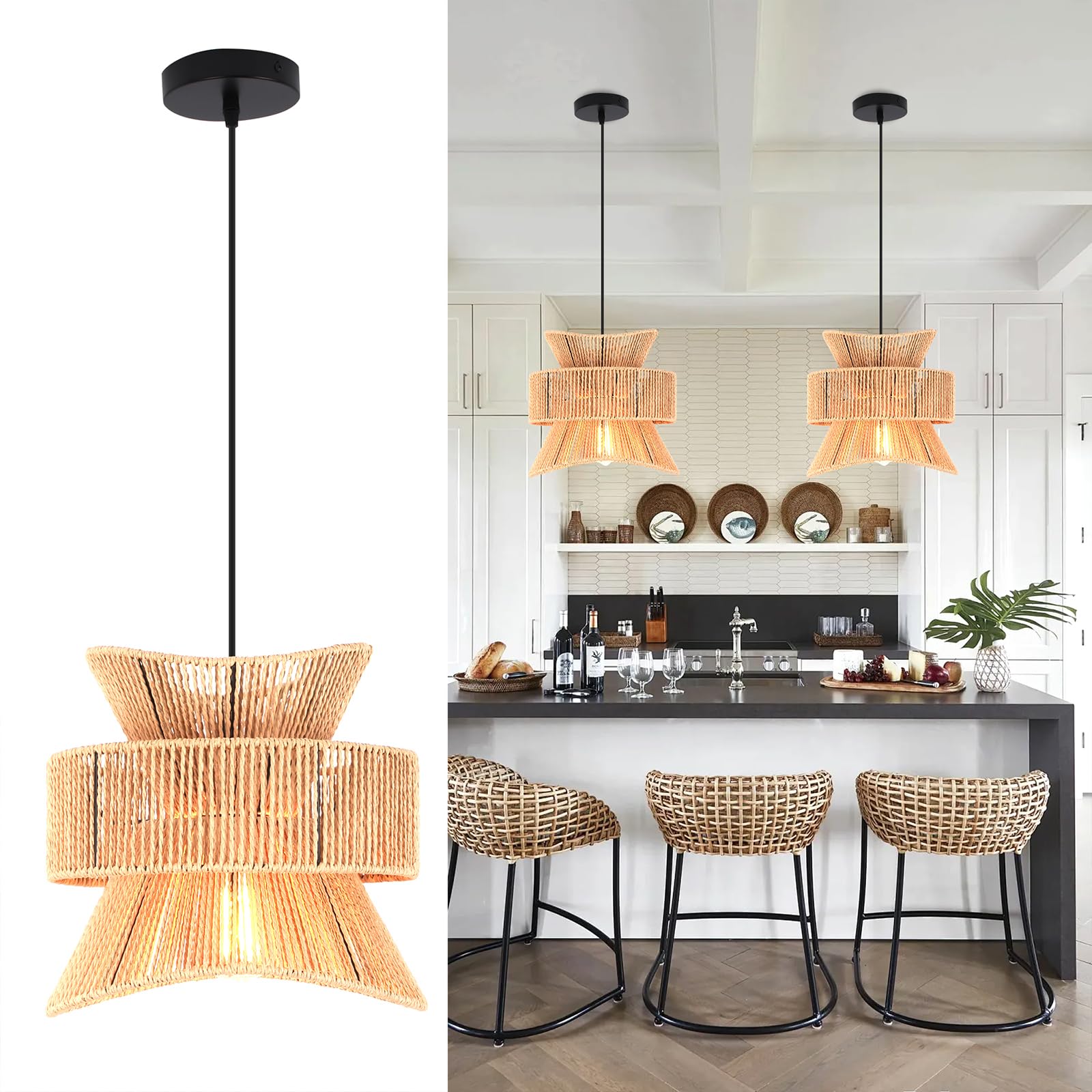 Jiinoo Lampadario in Rattan Regolabile E27