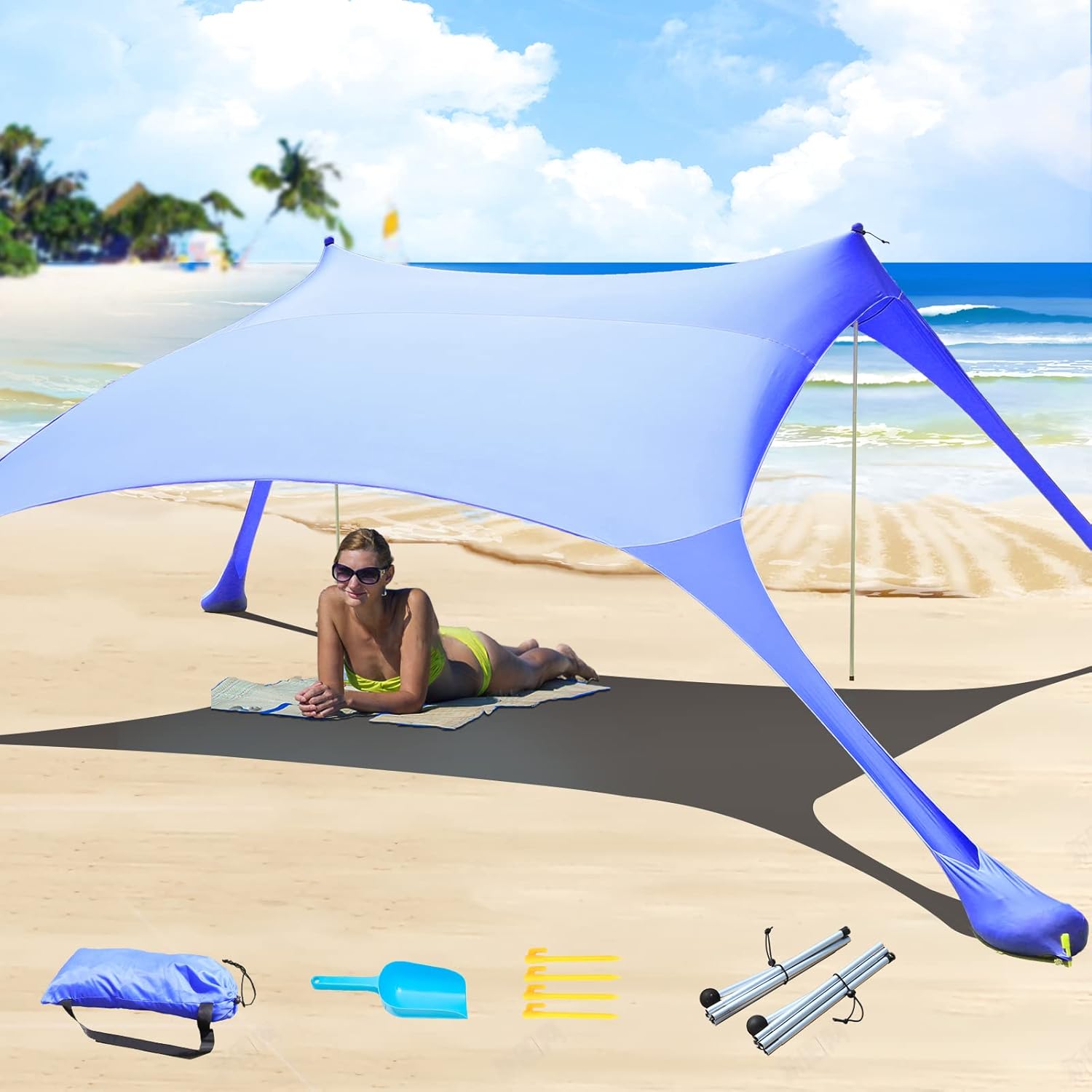 Tenda da Spiaggia UPF50+ Protezione UV, Blu Reale