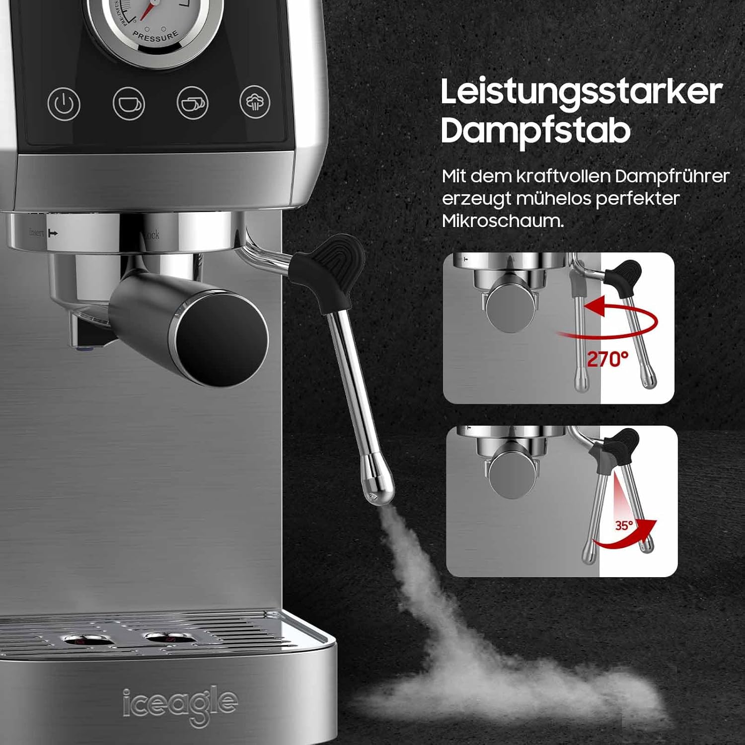 Iceagle Macchina Caffè Espresso 1350W Acciaio Inox - immagine 4