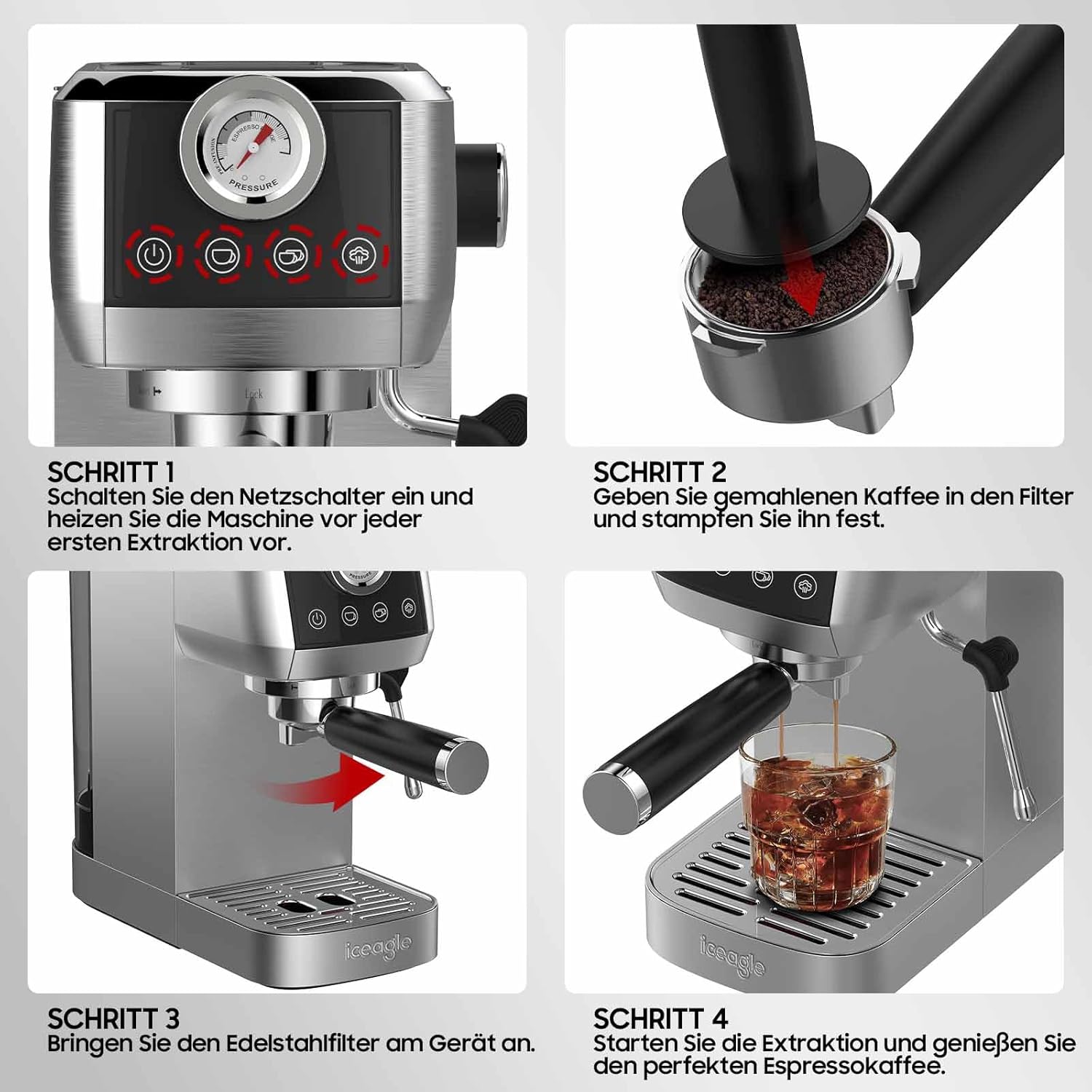 Iceagle Macchina Caffè Espresso 1350W Acciaio Inox - immagine 7