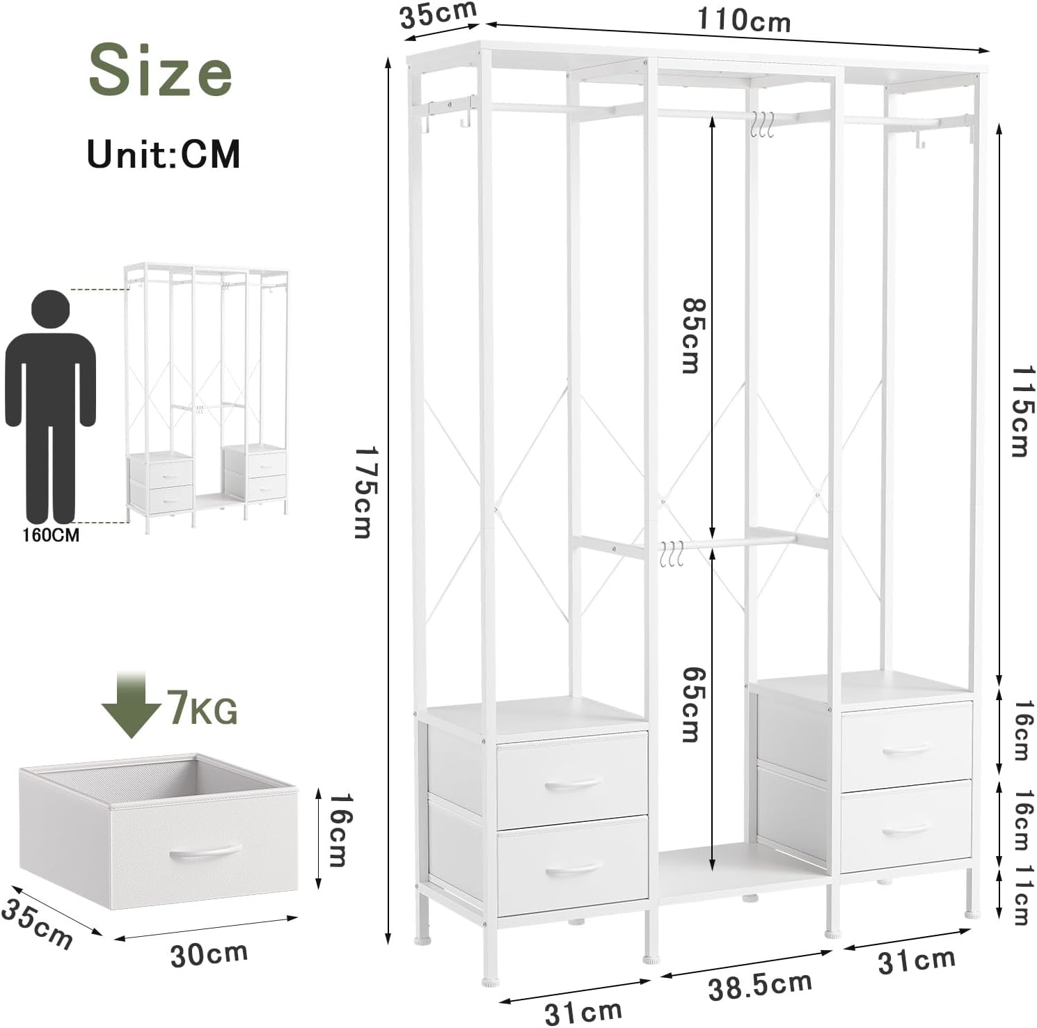 Stand Appendiabiti Cabina Armadio con 3 Barre e 4 Cassetti - immagine 2