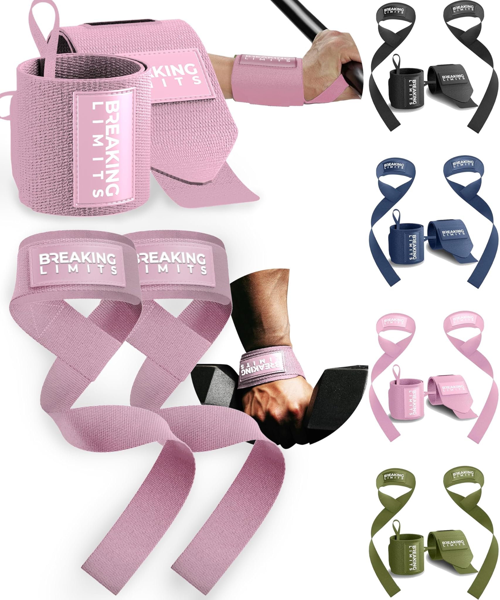 Straps Palestra Uomo + Polsini Palestra Accessori Donna (1 Set) – Lifting Straps e Wrist Wraps – Fasce e Fascette Allenamento – Cinghie, Polsiere e Polsiera per Sollevamento Pesi e Gym