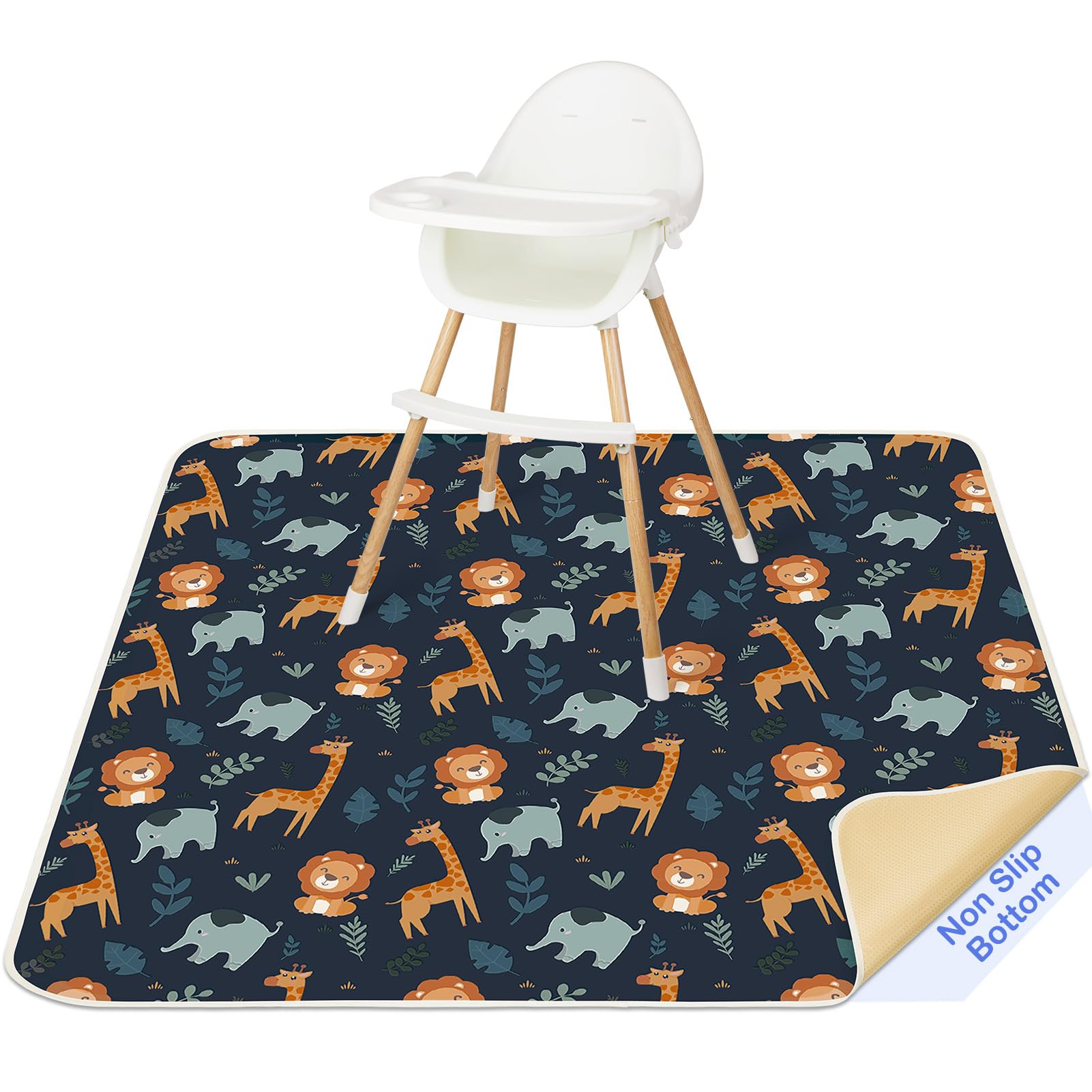 Tappetino Seggiolone Bambini 130x130cm, Unicorn Castle Tappeto Impermeabile Lavabile Antiscivolo, Splash Mat Pieghevole Portatile per Svezzamento e Protezione del Pavimento,Dark Blue Giraffe
