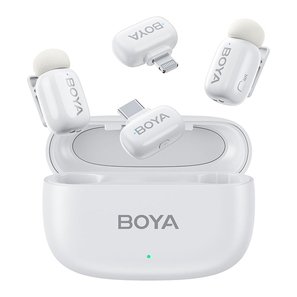 BOYA Boyamini-13 - Microfono 4 in 1 per Android/iPhone, con cancellazione intelligente del rumore e custodia di ricarica, clip in metallo sul microfono, Vlogging, TikTok, creatore di contenuti YouTube