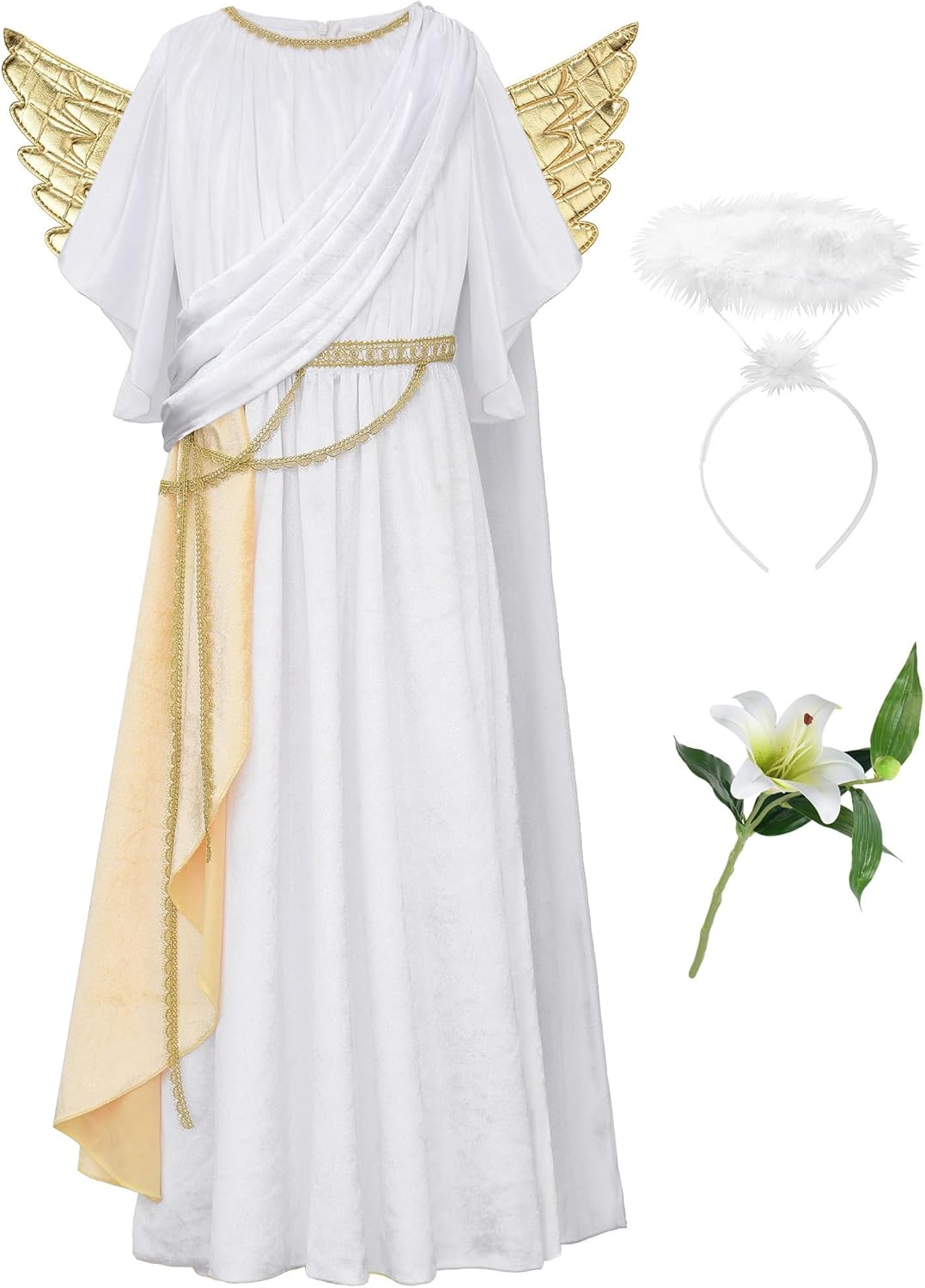 ReliBeauty Costume da Angelo per Bambini con Ali, Aureola e Giglio Artificiale - immagine 2