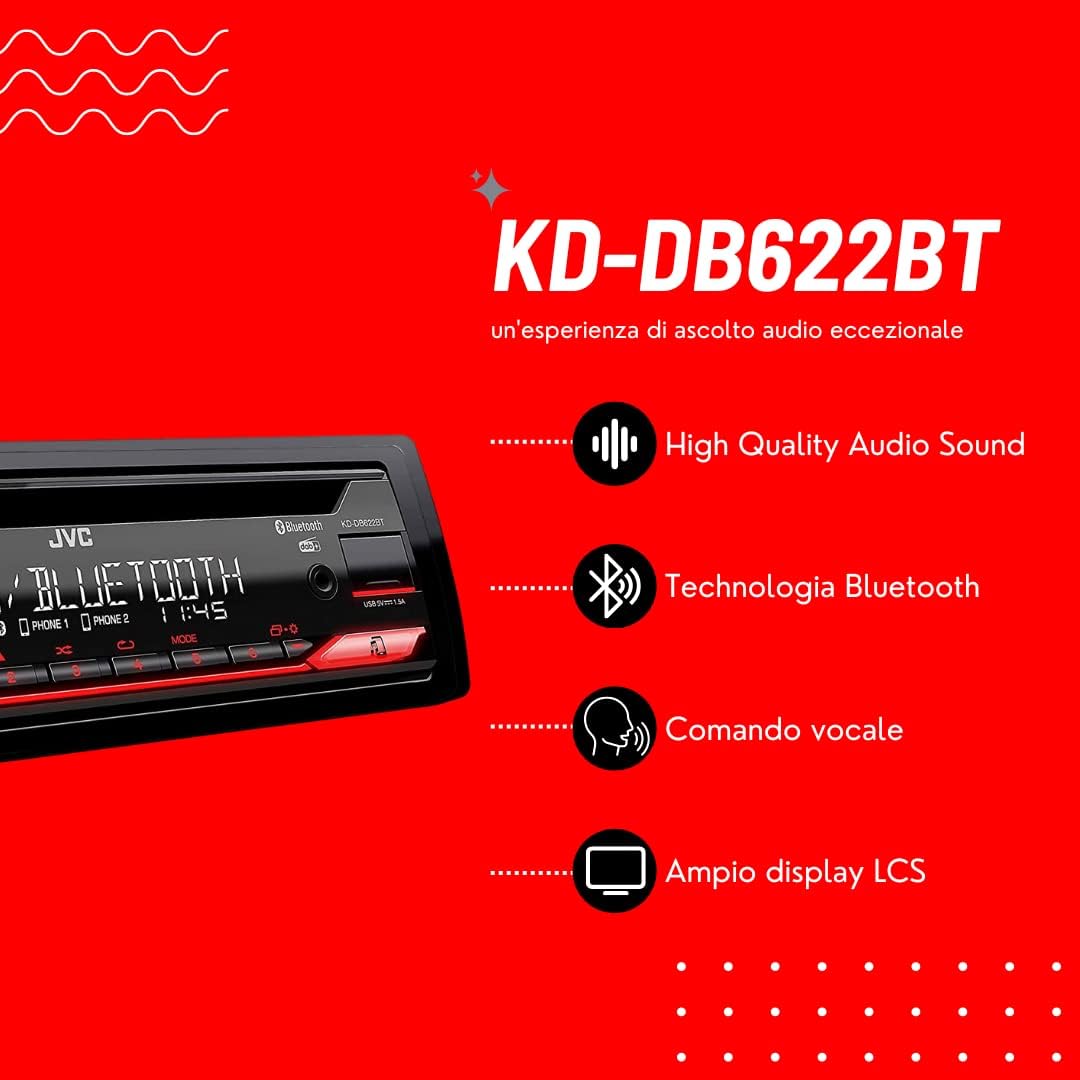 Jvc Autoradio Bluetooth KD-DB622BT con DAB+, Rosso - immagine 3