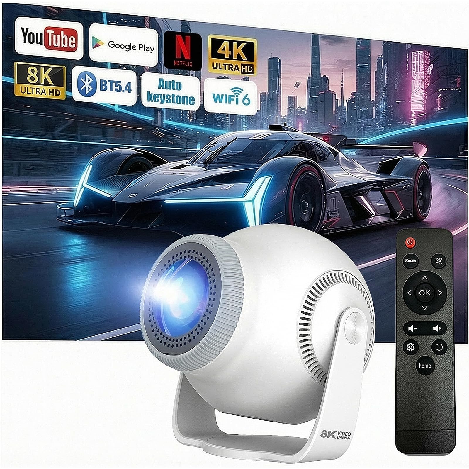 Mini Beamer Unterstützt 4K & 8K 1080P, Smart Beamer mit 5G WiFi 6 BT 5. ...