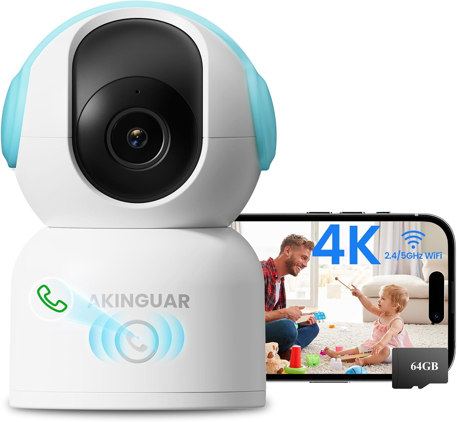 Telecamera WiFi Interno 4K 8MP 360° con Scheda 64GB | Akinguar | Velz