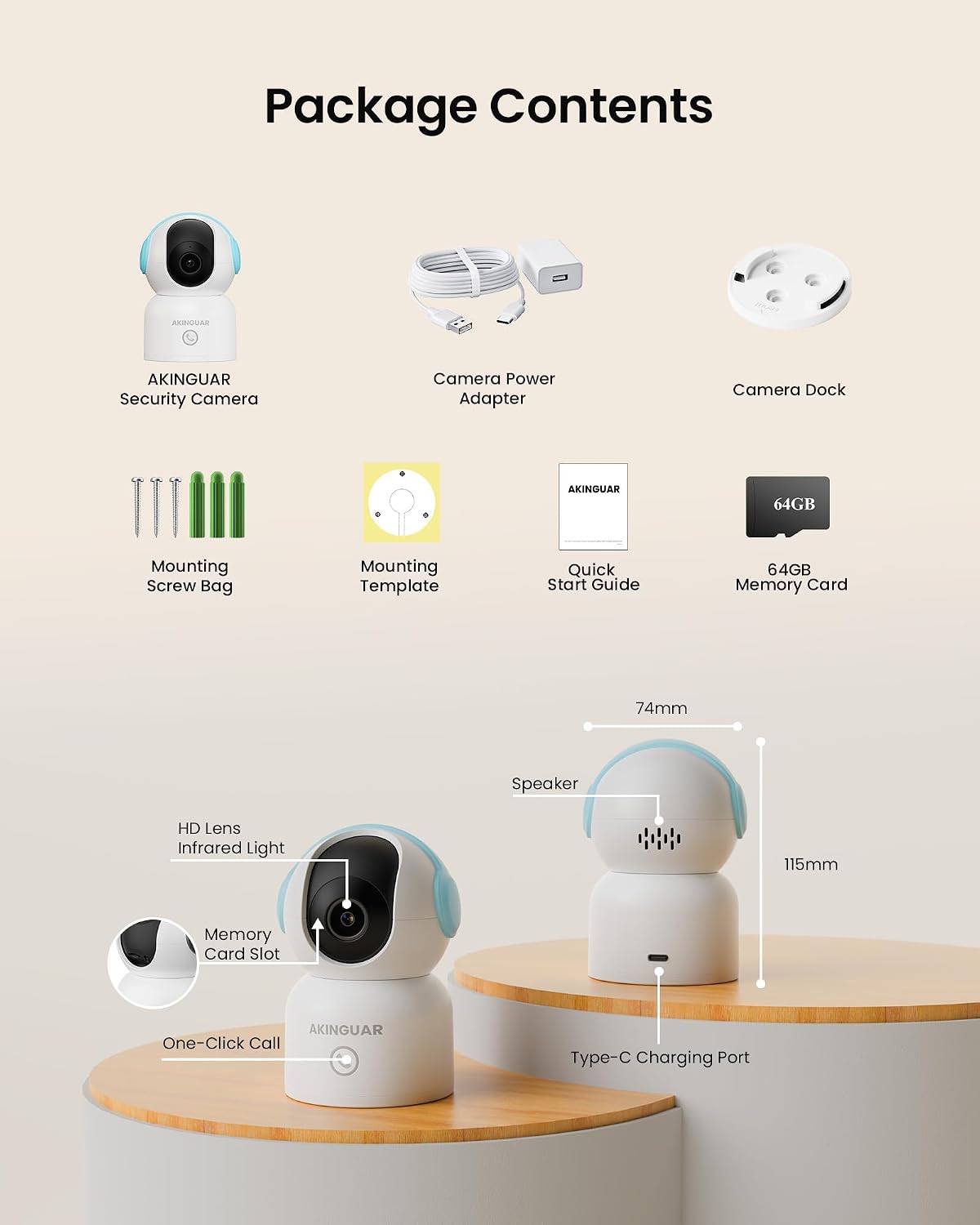 Telecamera WiFi Interno 4K 8MP 360° con Scheda 64GB | Akinguar | Velz
