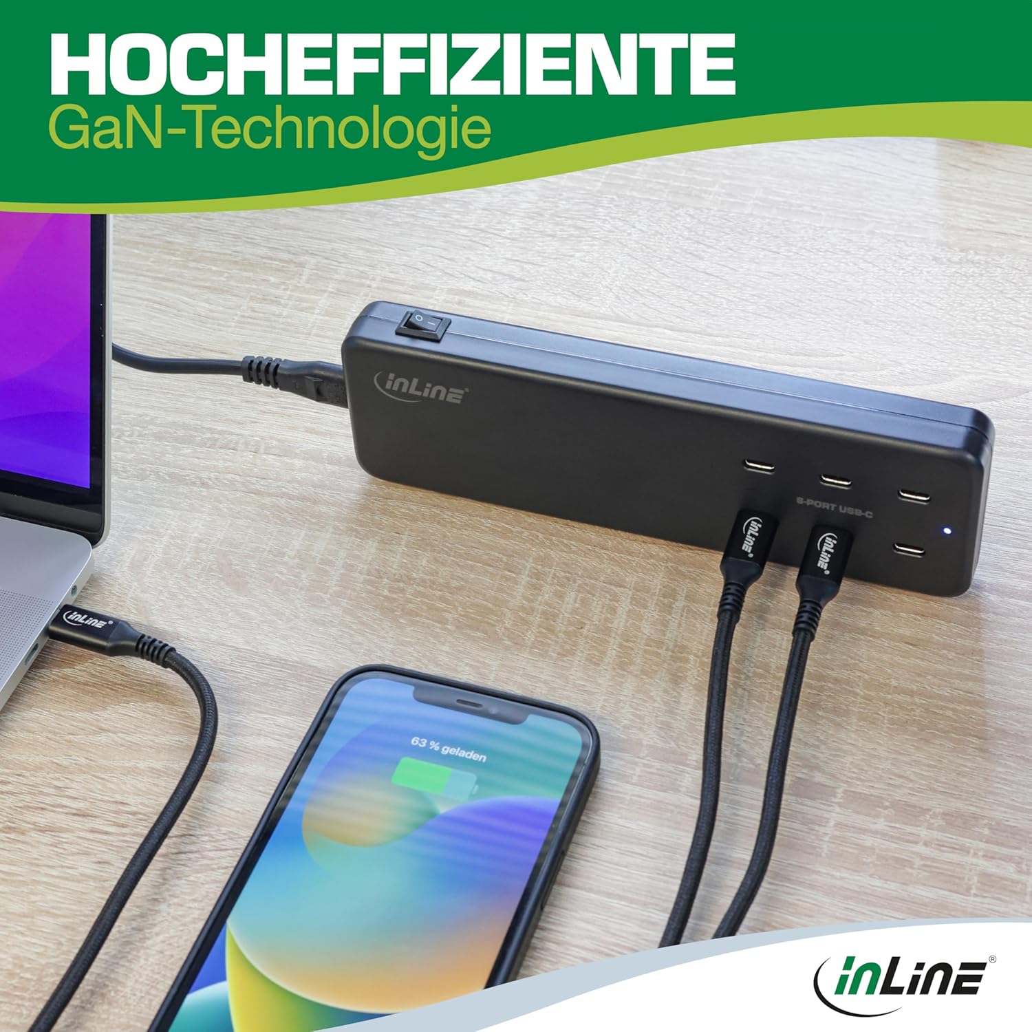 Inline® Alimentatore Multiporta 6 USB-C PD 3.0 GaN, Nero - immagine 3