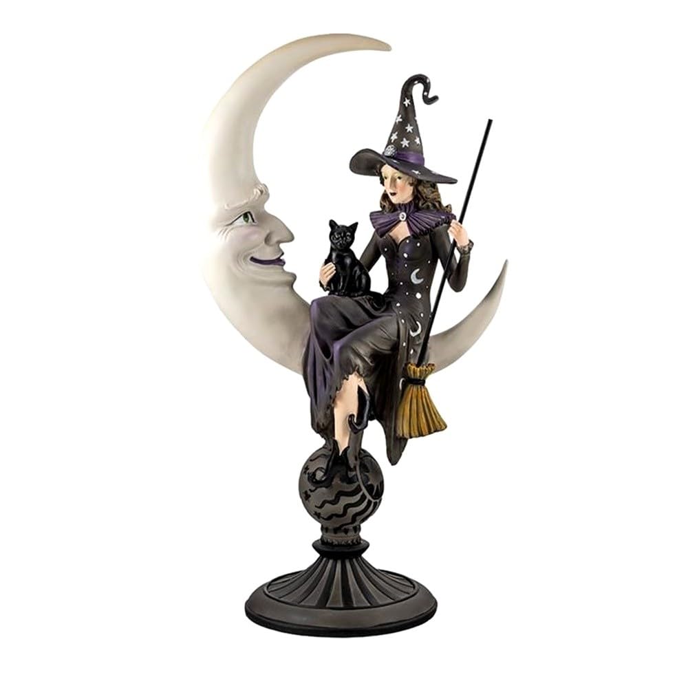 Strega Figura 51 cm. Immagine Luna Gatto Scopa Resina Colore