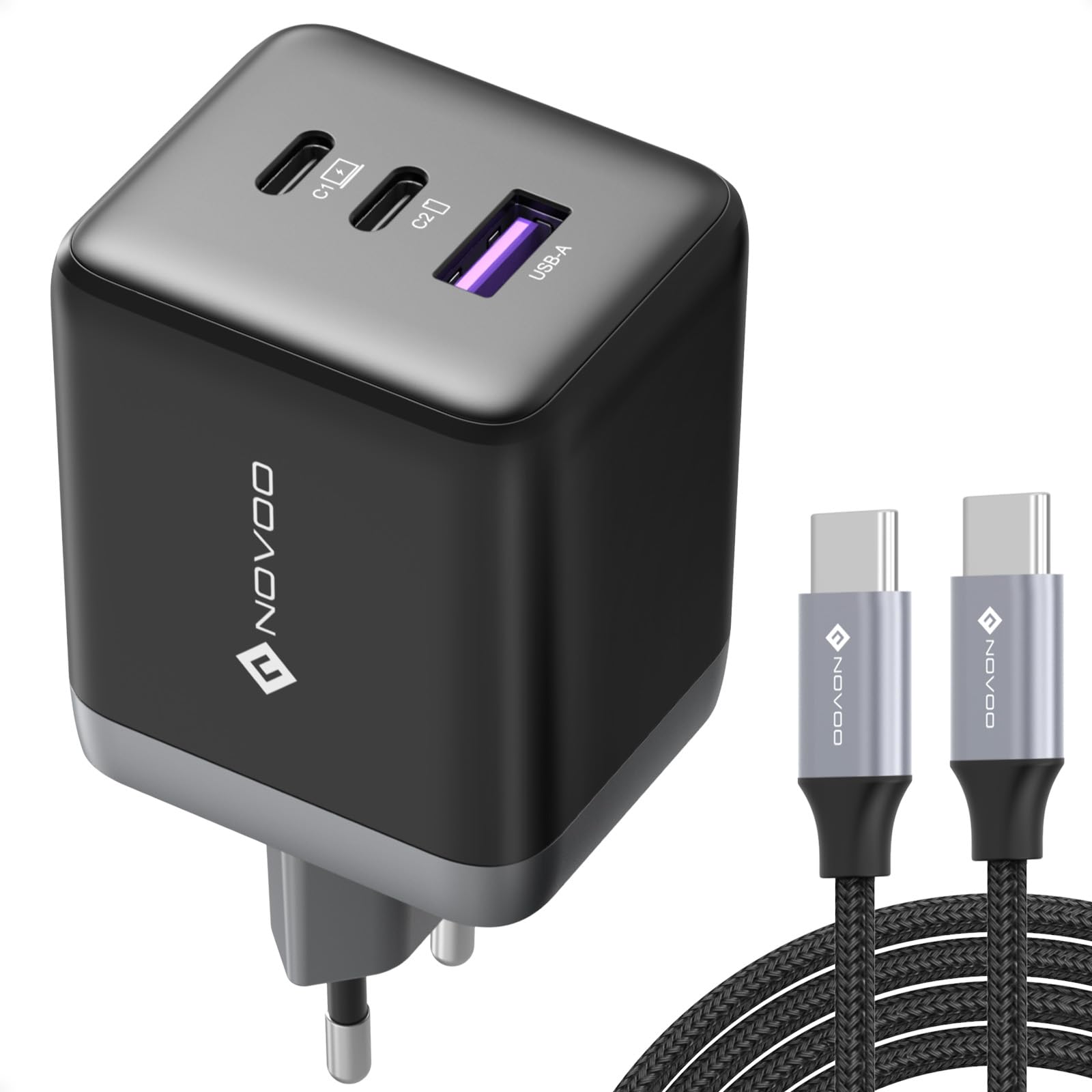 Novoo Caricatore GaN USB-C 100W 3 Porte con Cavo