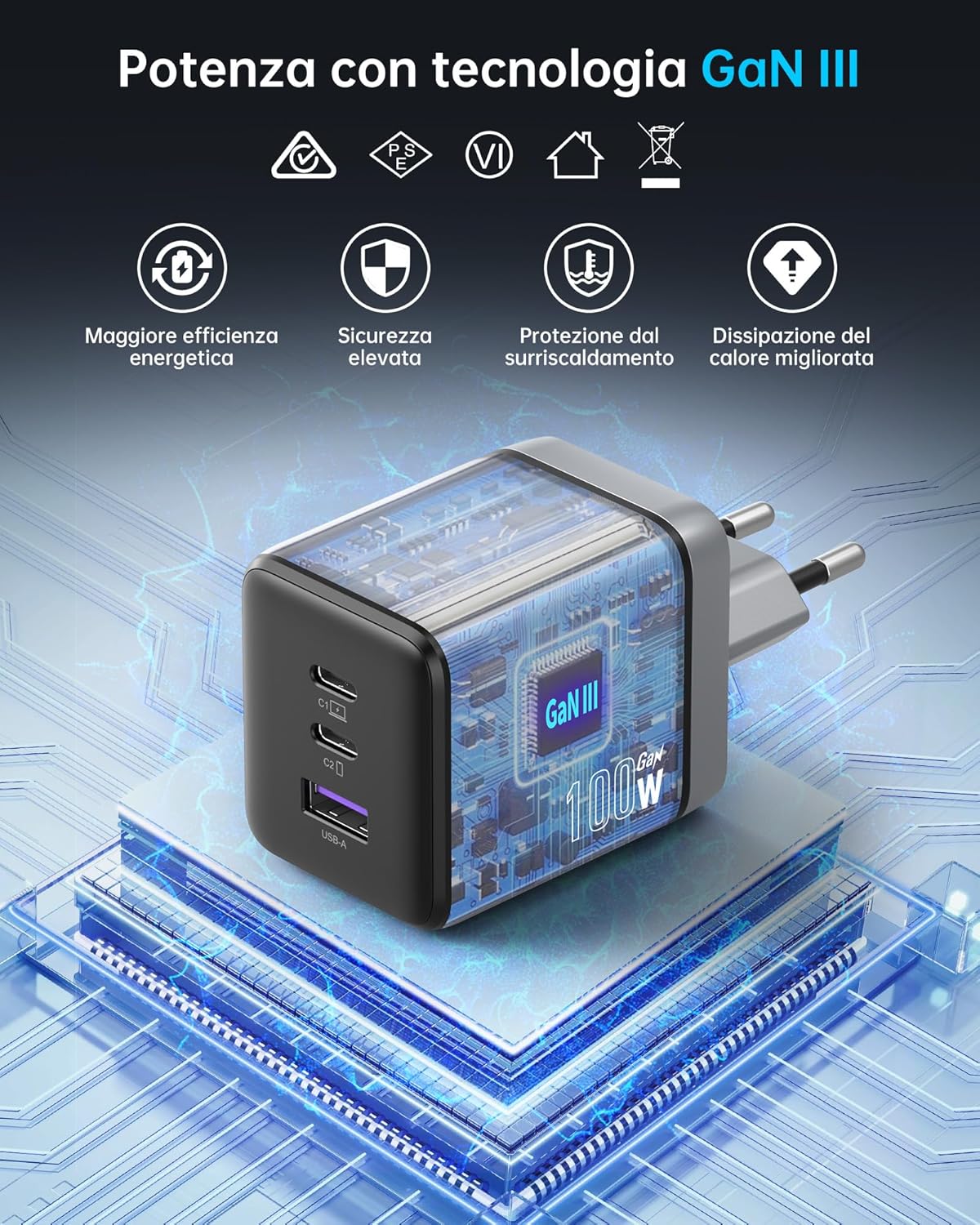 Novoo Caricatore GaN USB-C 100W 3 Porte con Cavo - immagine 6