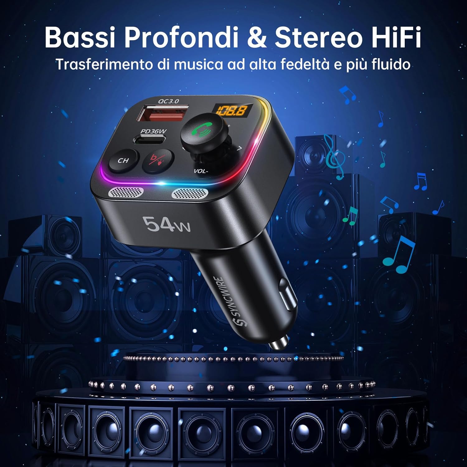 Syncwire Trasmettitore FM Bluetooth 5.4 54W PD&QC3.0 - immagine 6