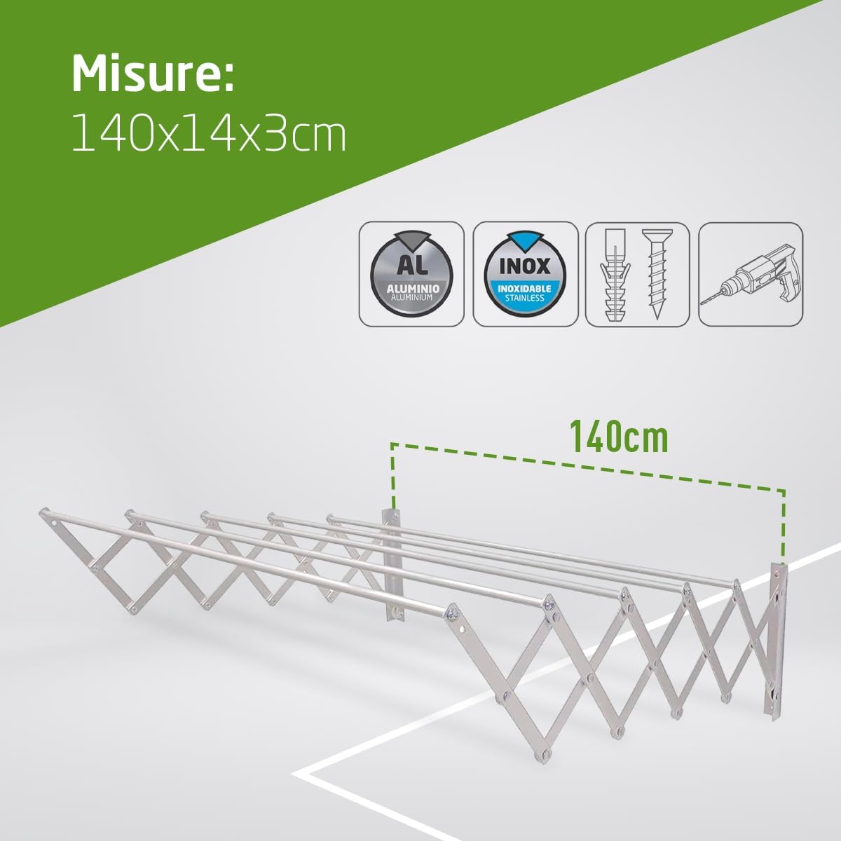 Amig Stendibiancheria Estensibile da Parete 140x14x3 cm - immagine 6