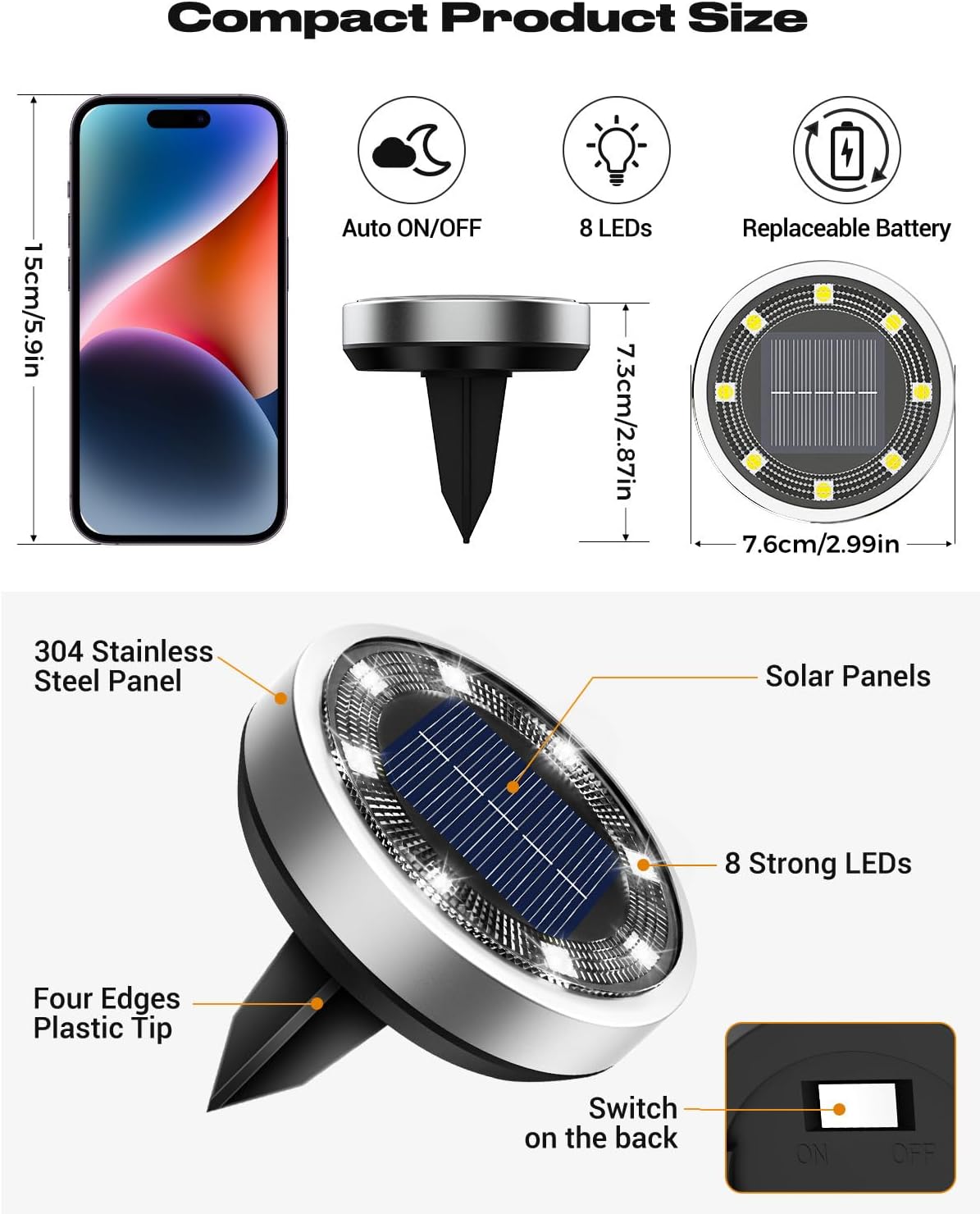 Btfarm 16 Pezzi Luci Solari da Giardino 8 LEDs IP65 - immagine 6