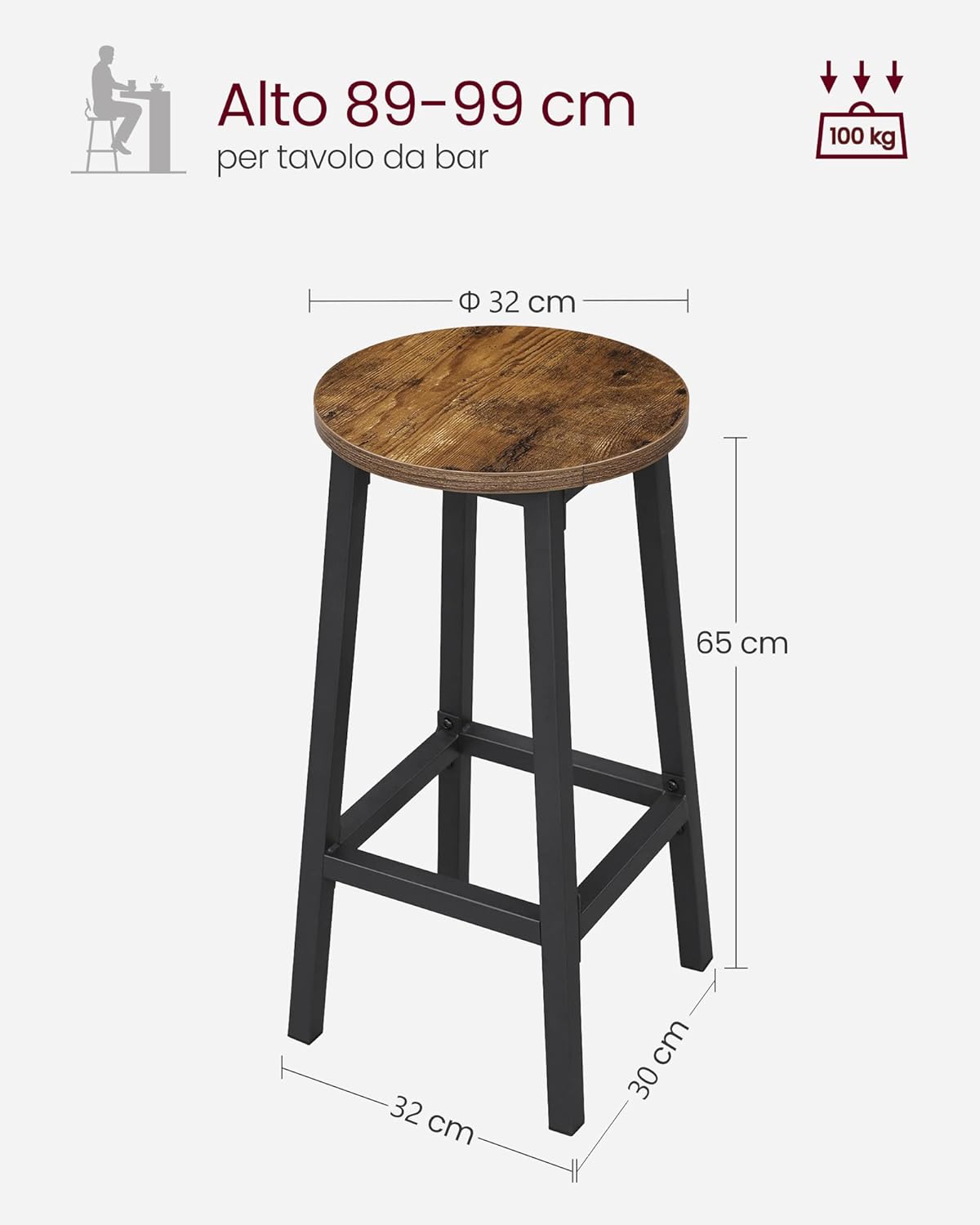 Vasagle Set 2 Sgabelli da Bar Alti 65 cm, Marrone/Nero - immagine 3