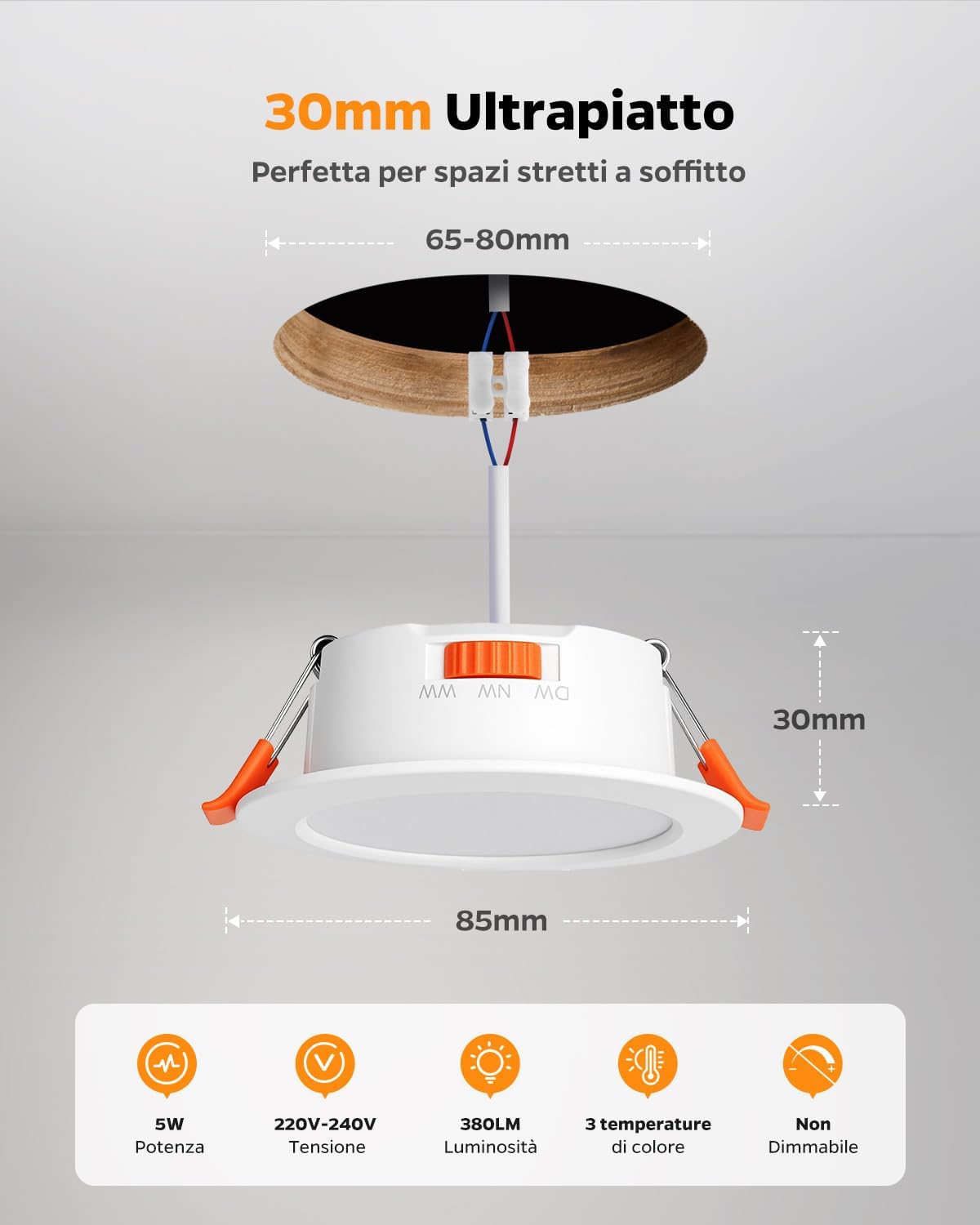 Faretti LED Incasso per Cartongesso 220V 5W IP44 (20 Pezzi) - immagine 5
