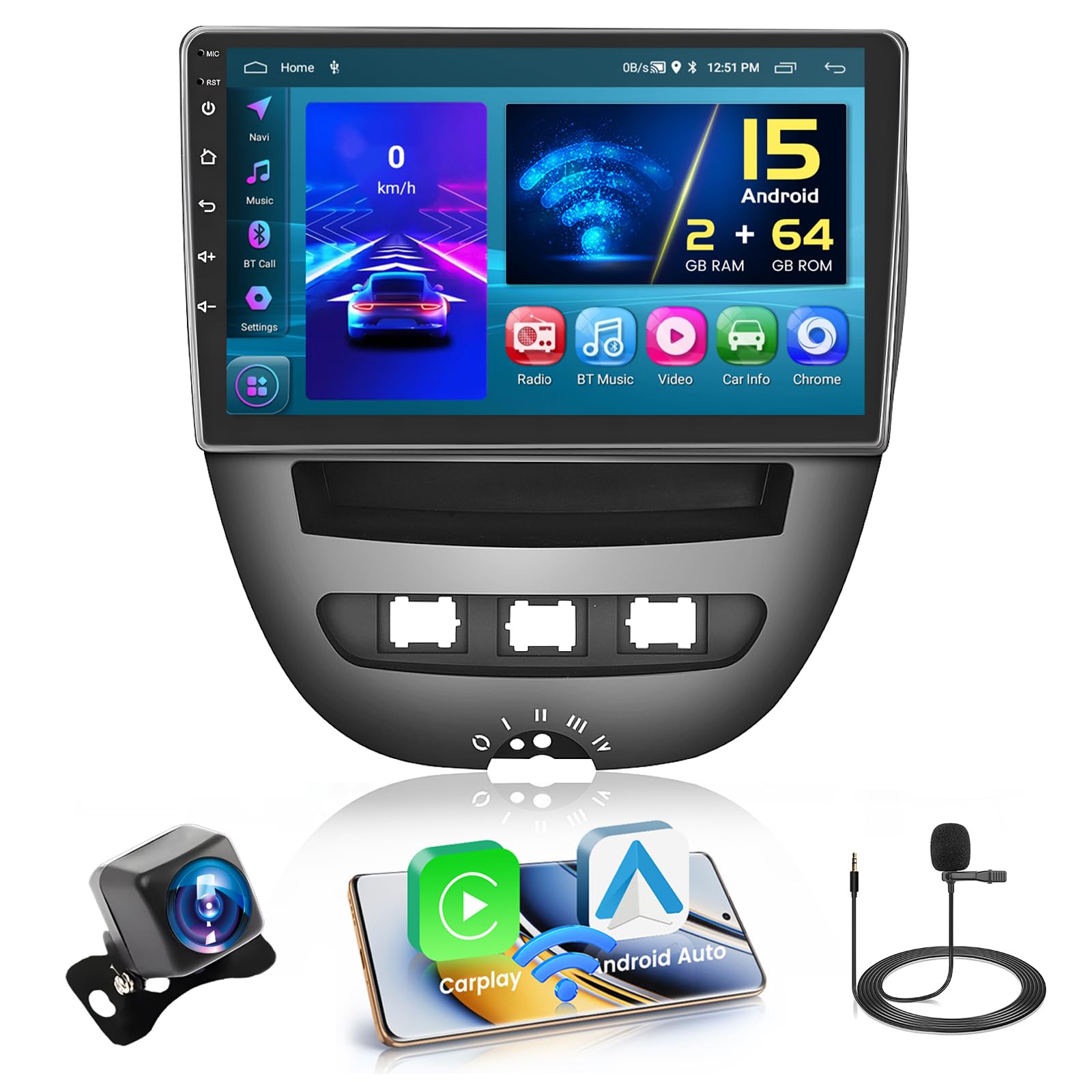 Hikity Autoradio Android 15 per Toyota Aygo/Peugeot 107/Citroen C1